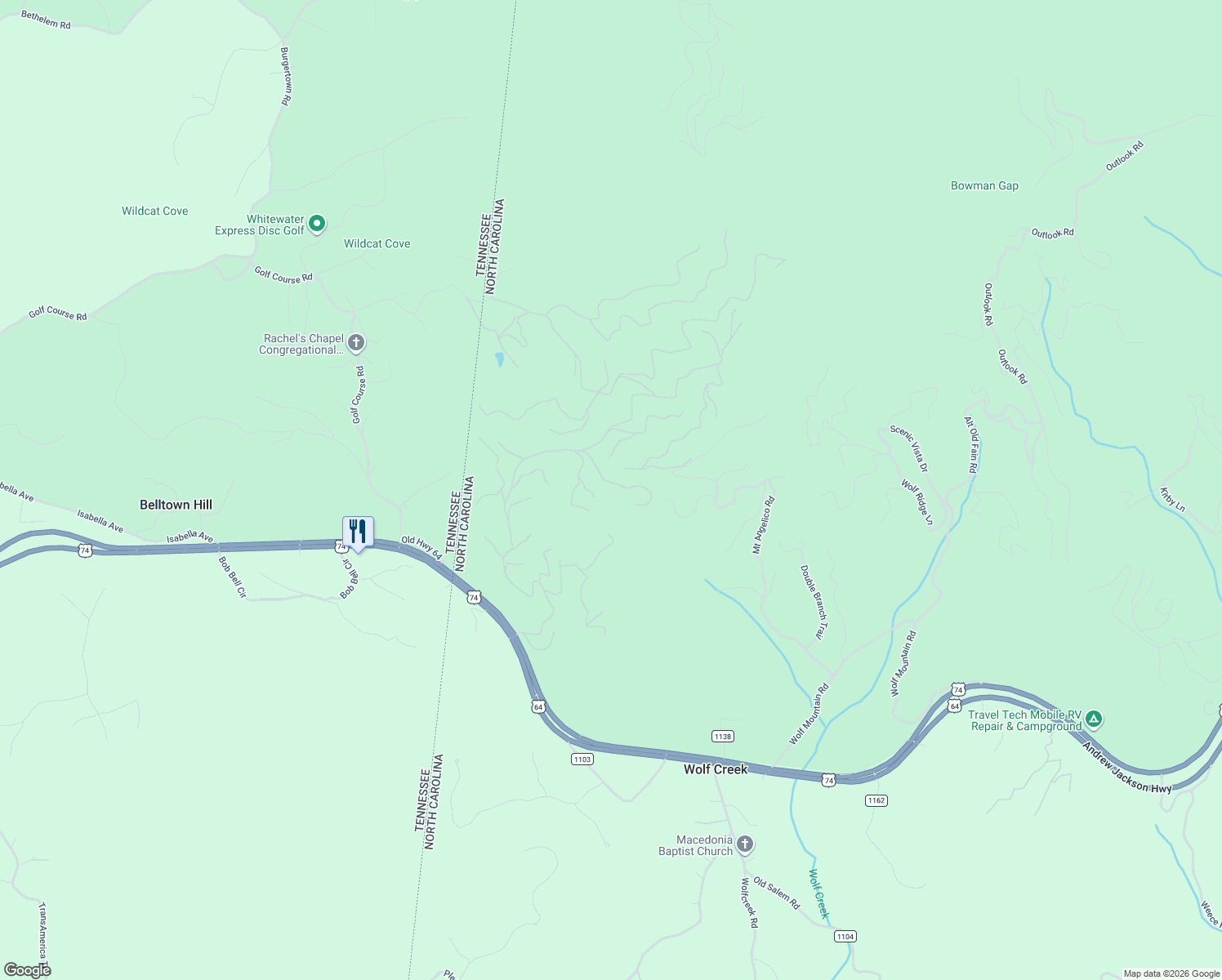 map of restaurants, bars, coffee shops, grocery stores, and more near 340 Lazy Country Cove Road in Murphy