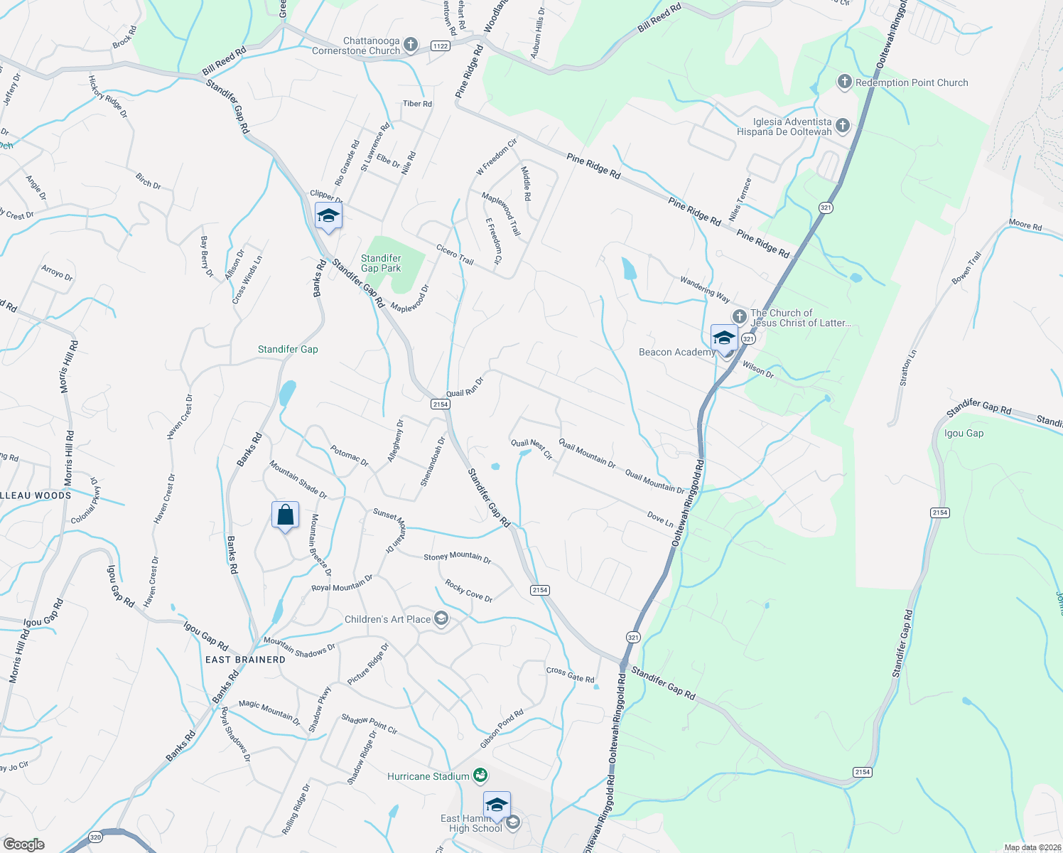 map of restaurants, bars, coffee shops, grocery stores, and more near 2513 Quail Nest Circle in Chattanooga