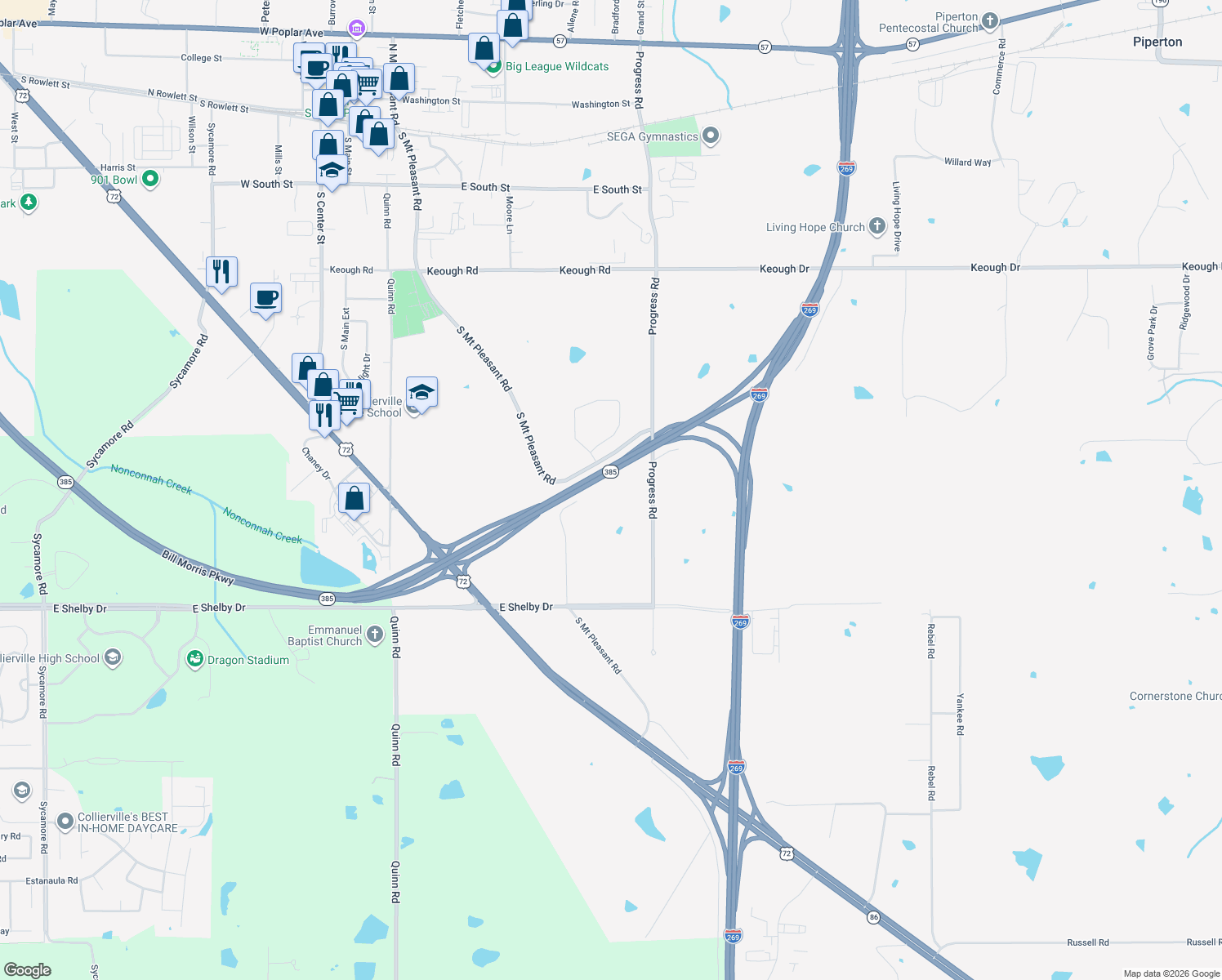 map of restaurants, bars, coffee shops, grocery stores, and more near 660 South Mount Pleasant Road in Collierville