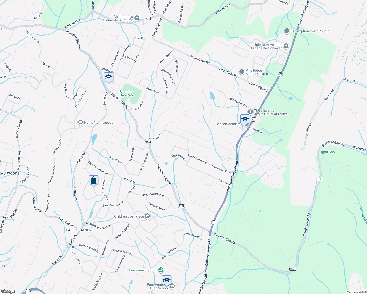 map of restaurants, bars, coffee shops, grocery stores, and more near 2513 Quail Nest Circle in Chattanooga