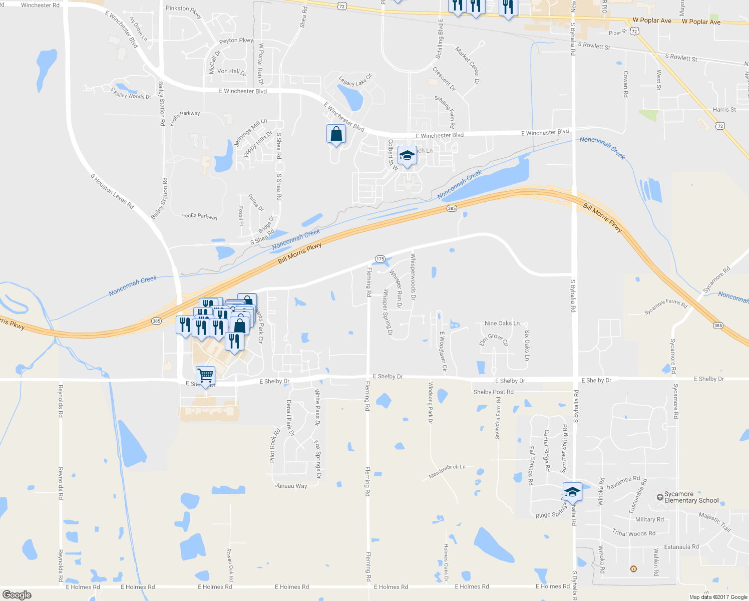 map of restaurants, bars, coffee shops, grocery stores, and more near 4480 Fleming Road in Collierville