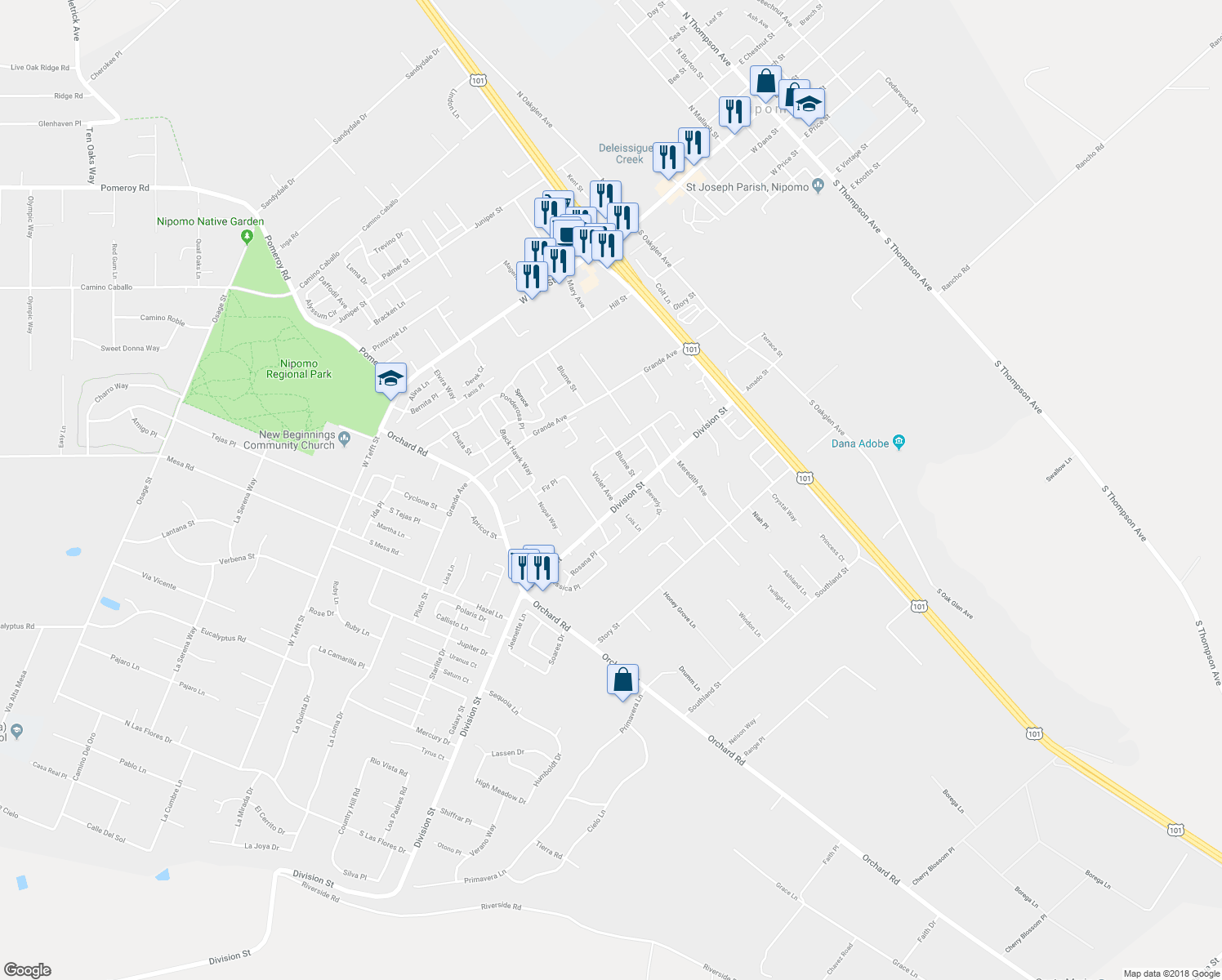 map of restaurants, bars, coffee shops, grocery stores, and more near 483 Violet Avenue in Nipomo