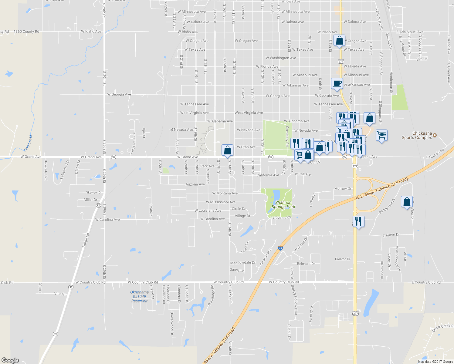 map of restaurants, bars, coffee shops, grocery stores, and more near 1612 Arizona Avenue in Chickasha