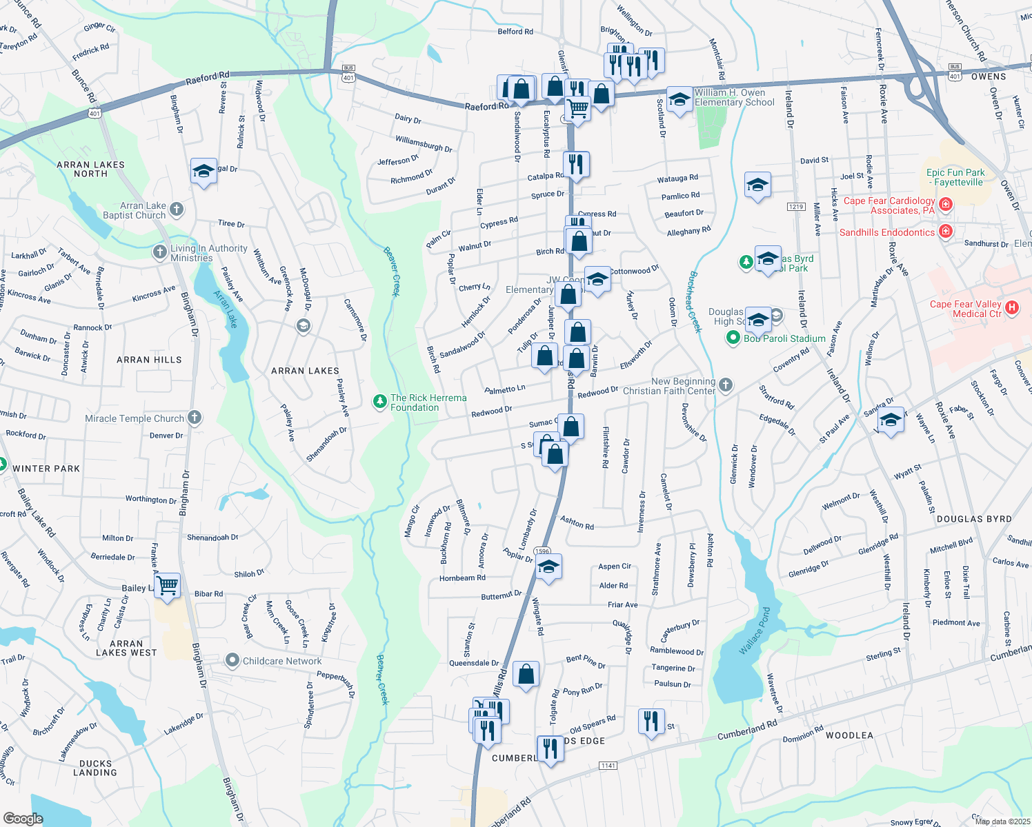 map of restaurants, bars, coffee shops, grocery stores, and more near 5125 Redwood Drive in Fayetteville