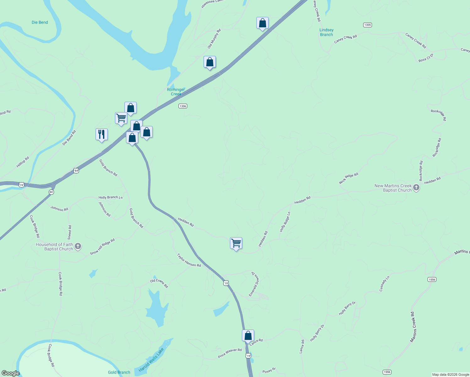 map of restaurants, bars, coffee shops, grocery stores, and more near 875 Rolling Oaks Road in Murphy