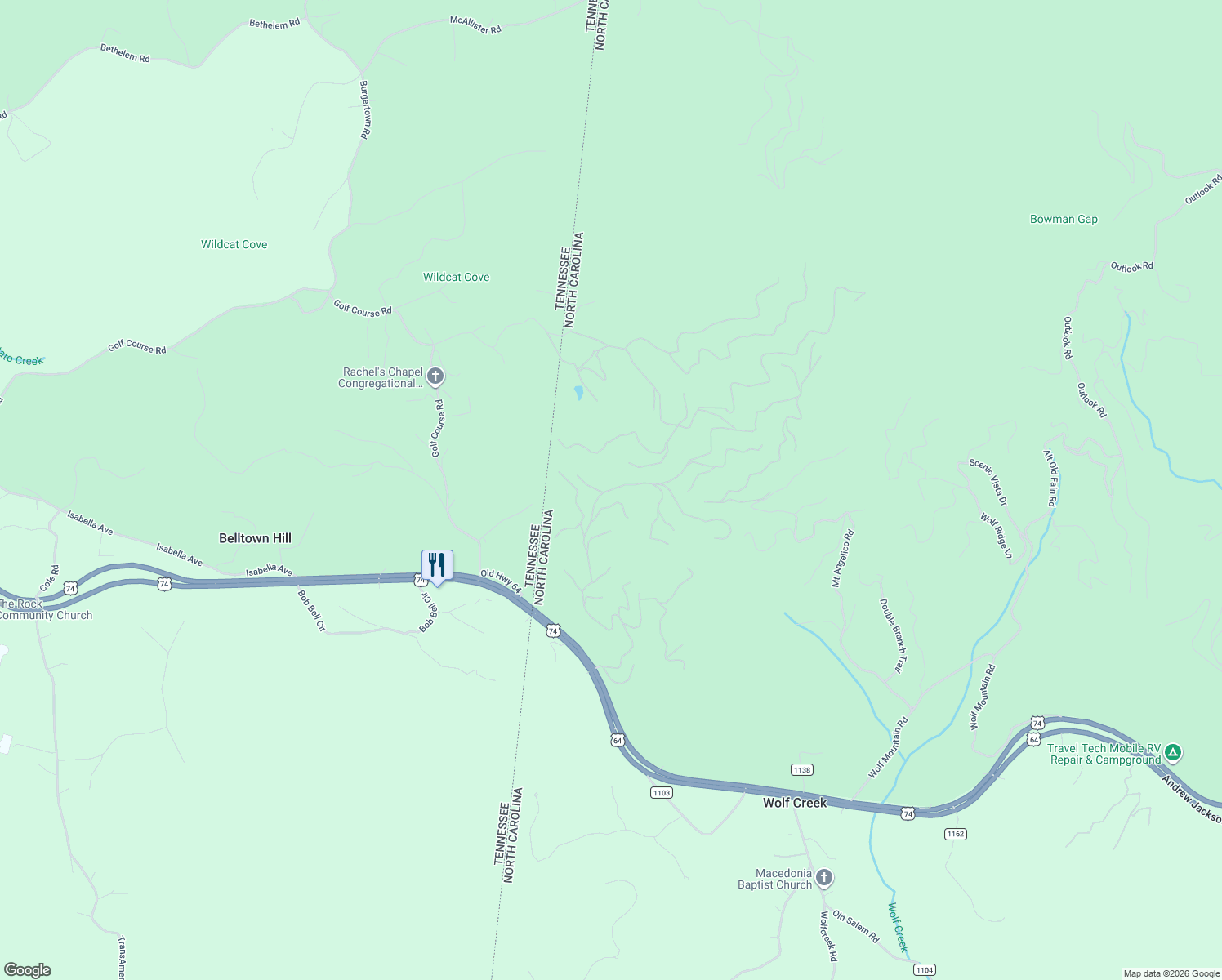 map of restaurants, bars, coffee shops, grocery stores, and more near 731 Wilderness Creek Way in Murphy