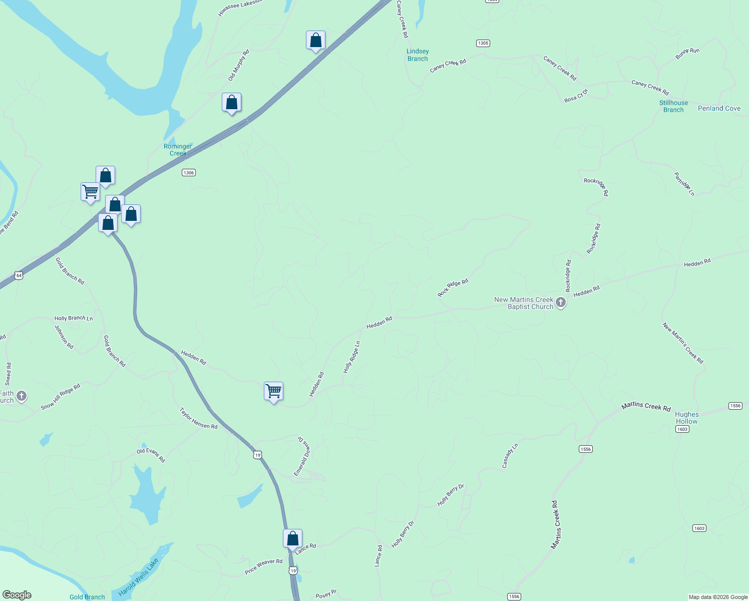 map of restaurants, bars, coffee shops, grocery stores, and more near 204 Boulder Creek Lane in Murphy