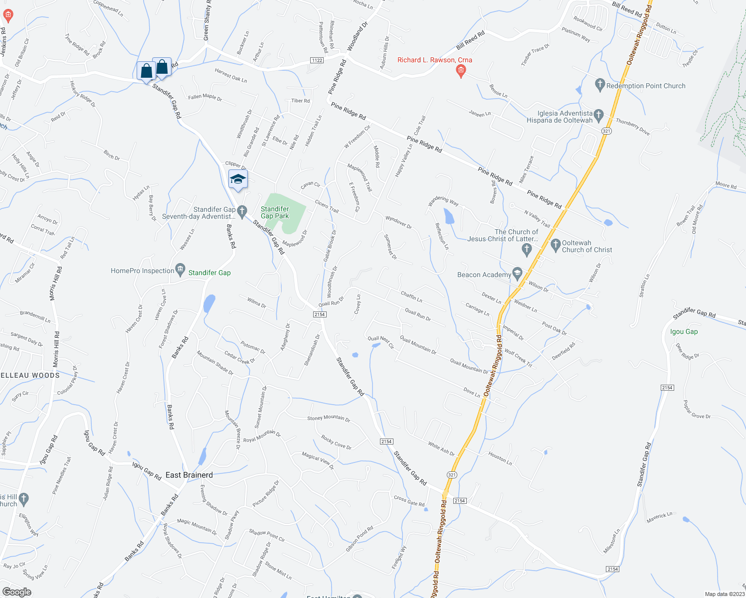 map of restaurants, bars, coffee shops, grocery stores, and more near 8912 Quail Run Drive in Chattanooga