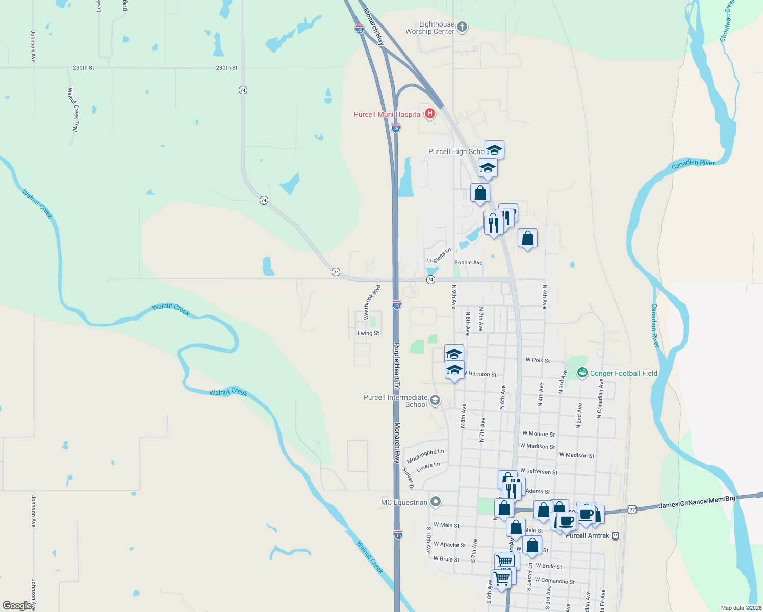 map of restaurants, bars, coffee shops, grocery stores, and more near 1107 Tuggle Street in Purcell