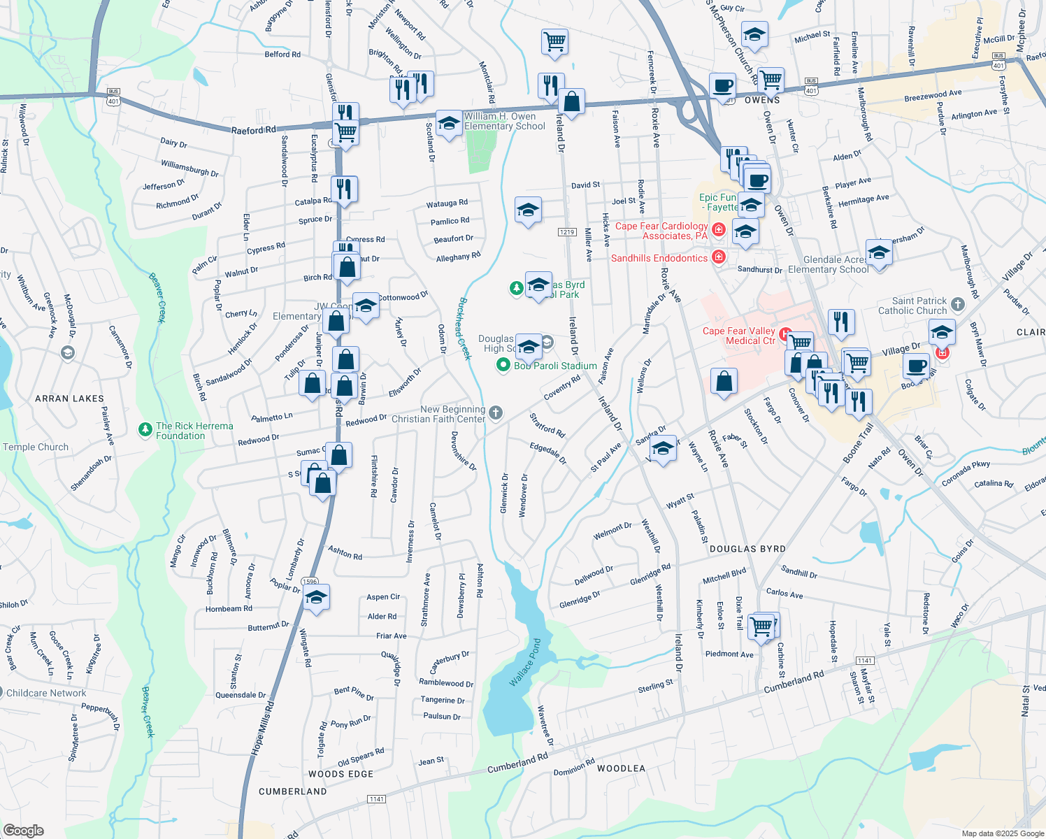 map of restaurants, bars, coffee shops, grocery stores, and more near 4307 Coventry Road in Fayetteville