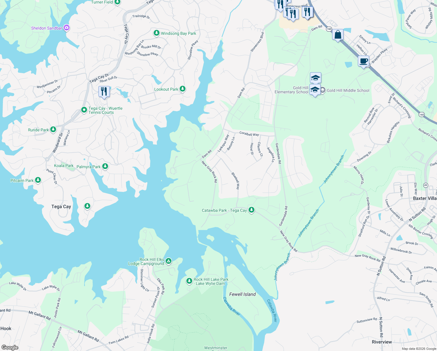 map of restaurants, bars, coffee shops, grocery stores, and more near 2428 Bergamot Street in Tega Cay
