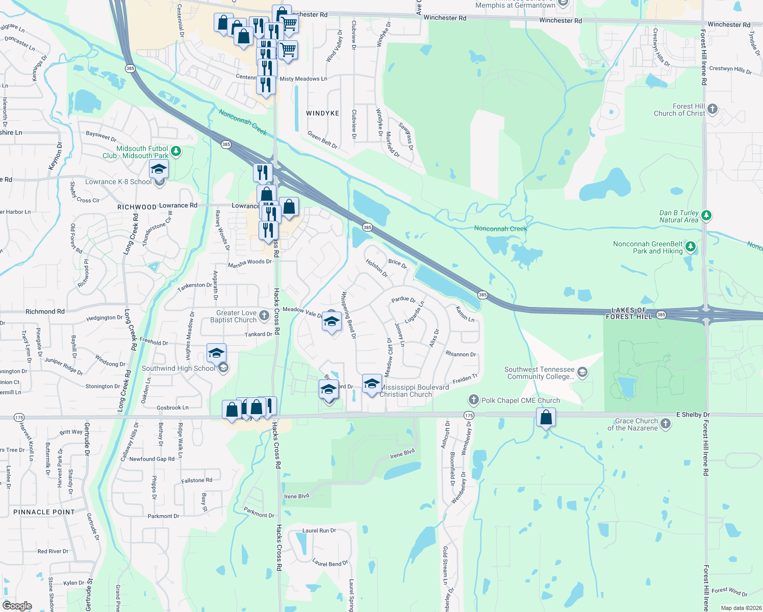 map of restaurants, bars, coffee shops, grocery stores, and more near 4413 Jonsey Ln in Memphis