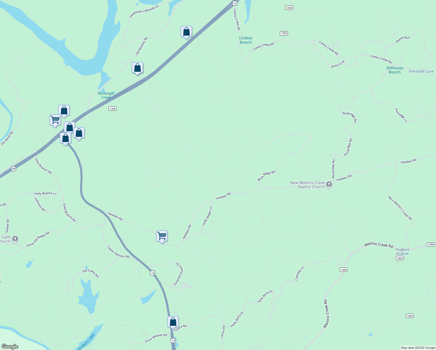 map of restaurants, bars, coffee shops, grocery stores, and more near 204 Boulder Creek Lane in Murphy