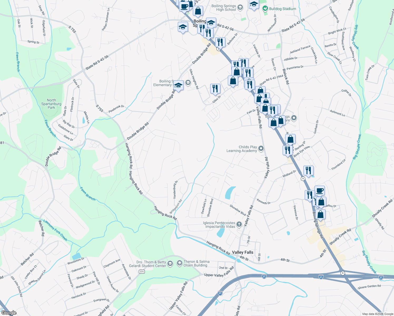 map of restaurants, bars, coffee shops, grocery stores, and more near 599 State Road S-42-1171 in Boiling Springs
