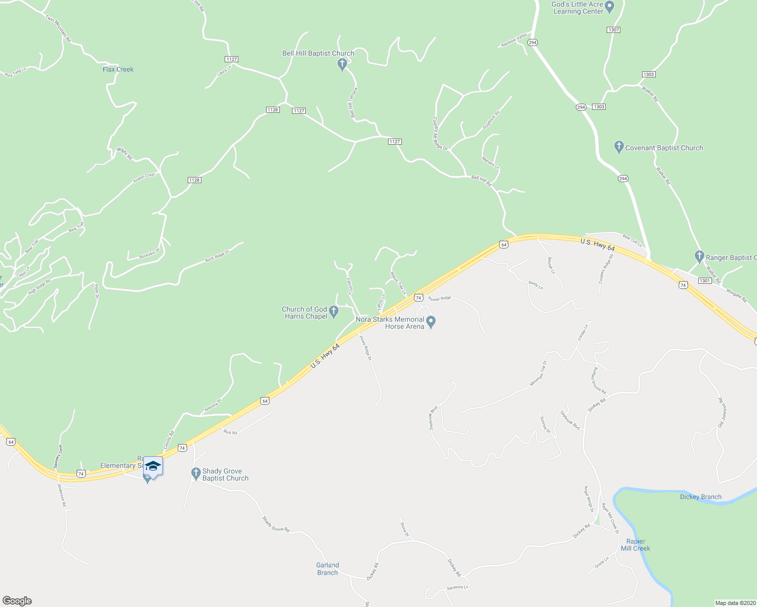 map of restaurants, bars, coffee shops, grocery stores, and more near Falcon Lane in Murphy