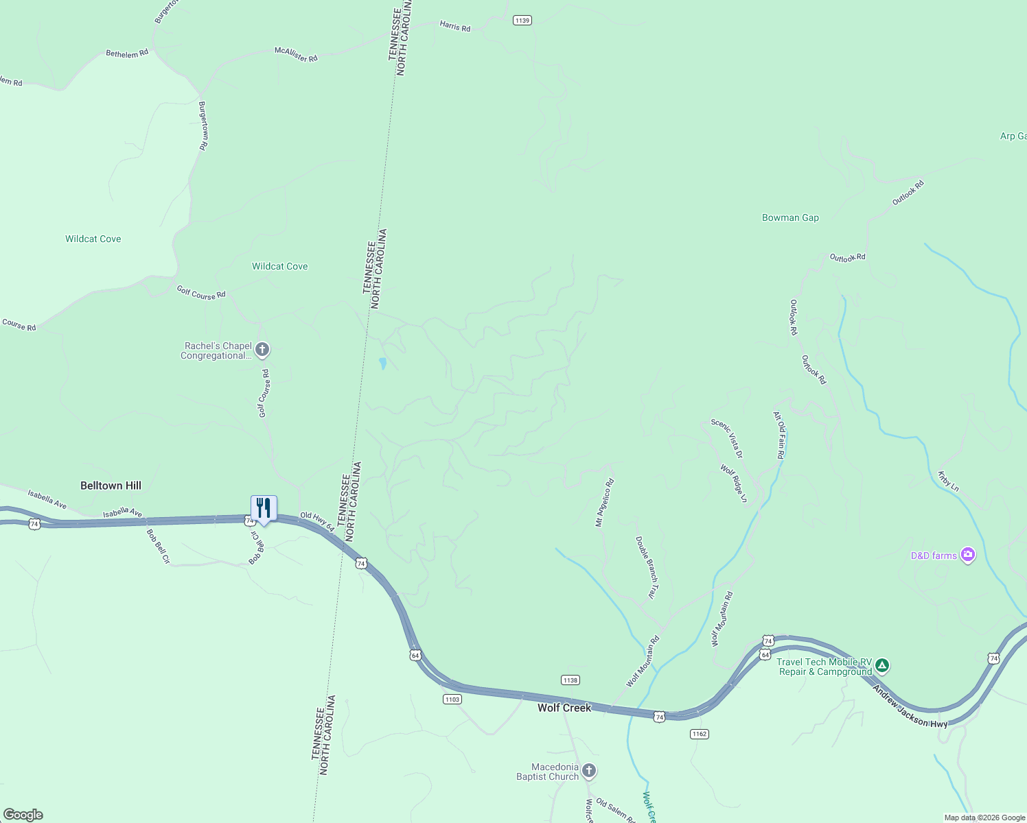 map of restaurants, bars, coffee shops, grocery stores, and more near 169 Wilderness Creek Way in Murphy