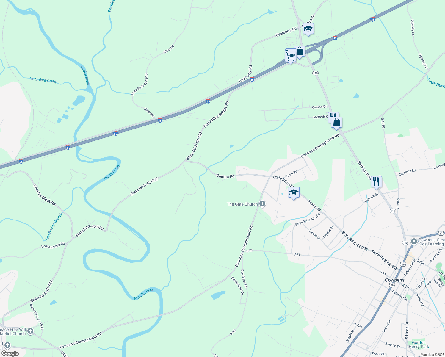 map of restaurants, bars, coffee shops, grocery stores, and more near 1471 Denton Road in Spartanburg