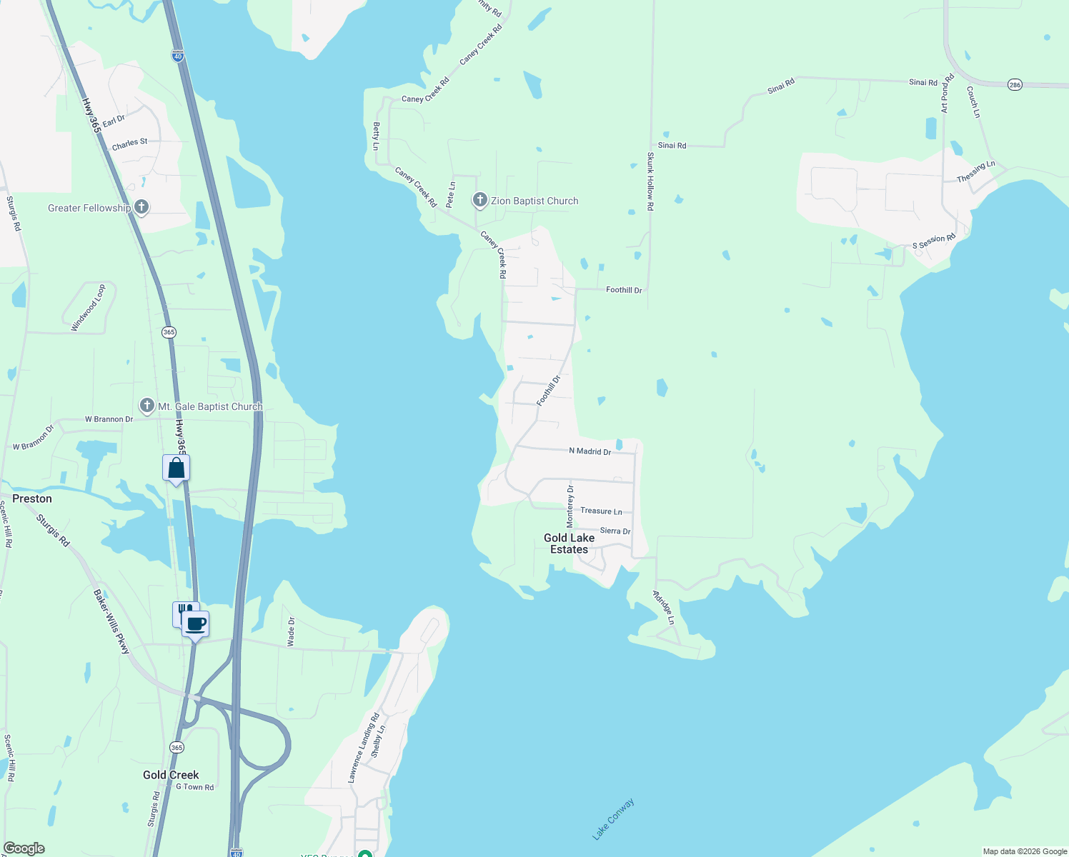 map of restaurants, bars, coffee shops, grocery stores, and more near 76 Foothill Drive in Conway