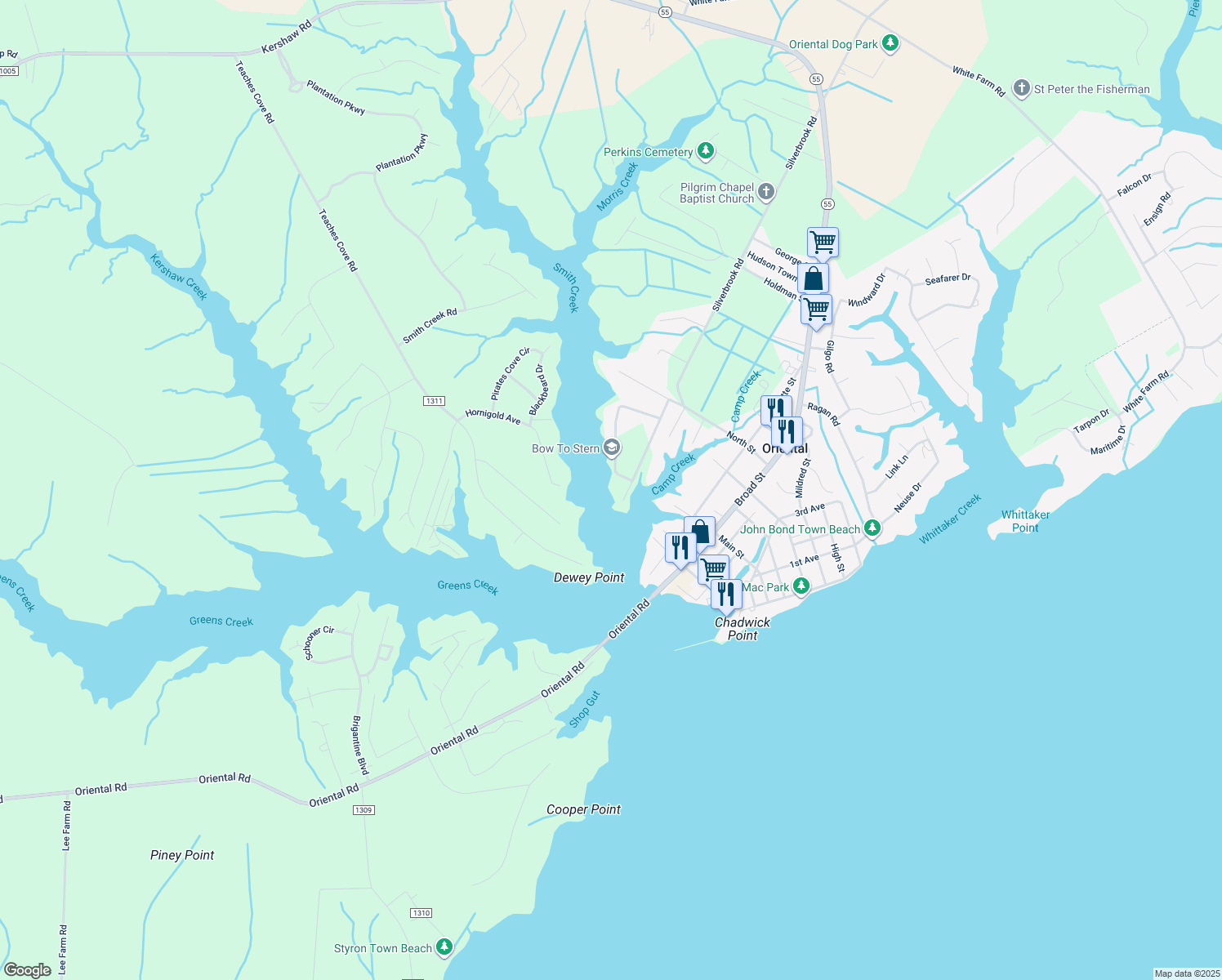 map of restaurants, bars, coffee shops, grocery stores, and more near 288 Blackwell Point Road in Oriental