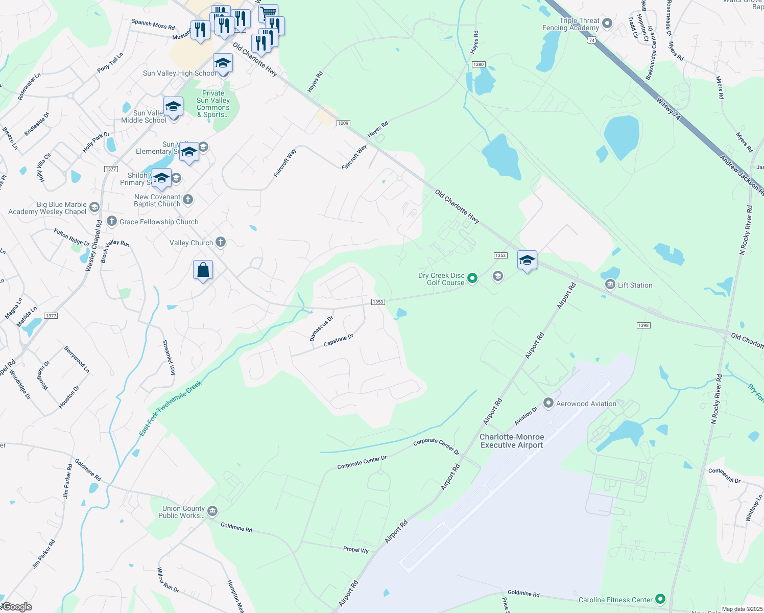 map of restaurants, bars, coffee shops, grocery stores, and more near 101 Pine Lake Dr in Monroe