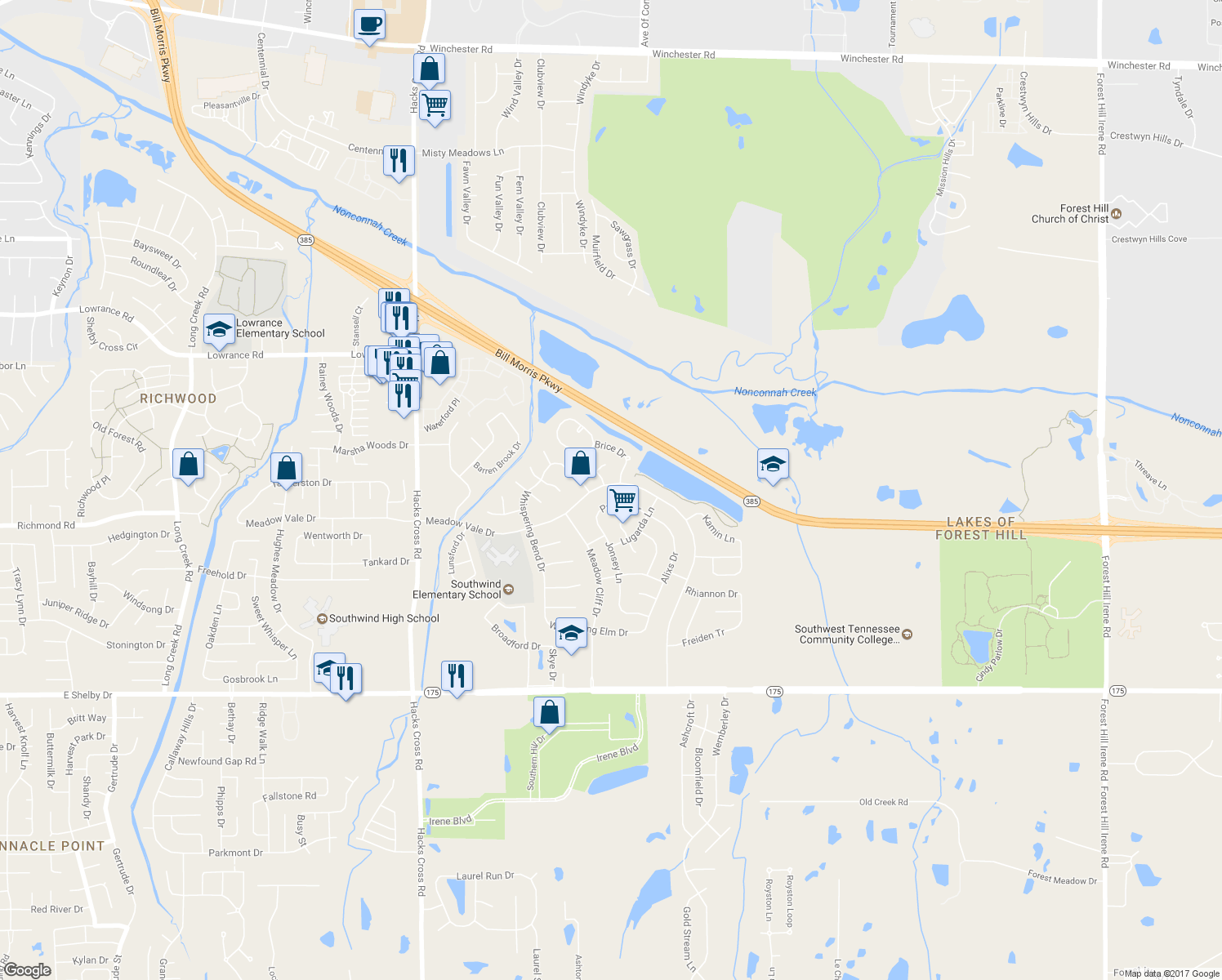 map of restaurants, bars, coffee shops, grocery stores, and more near 8325 Meadow Vale Drive in Memphis