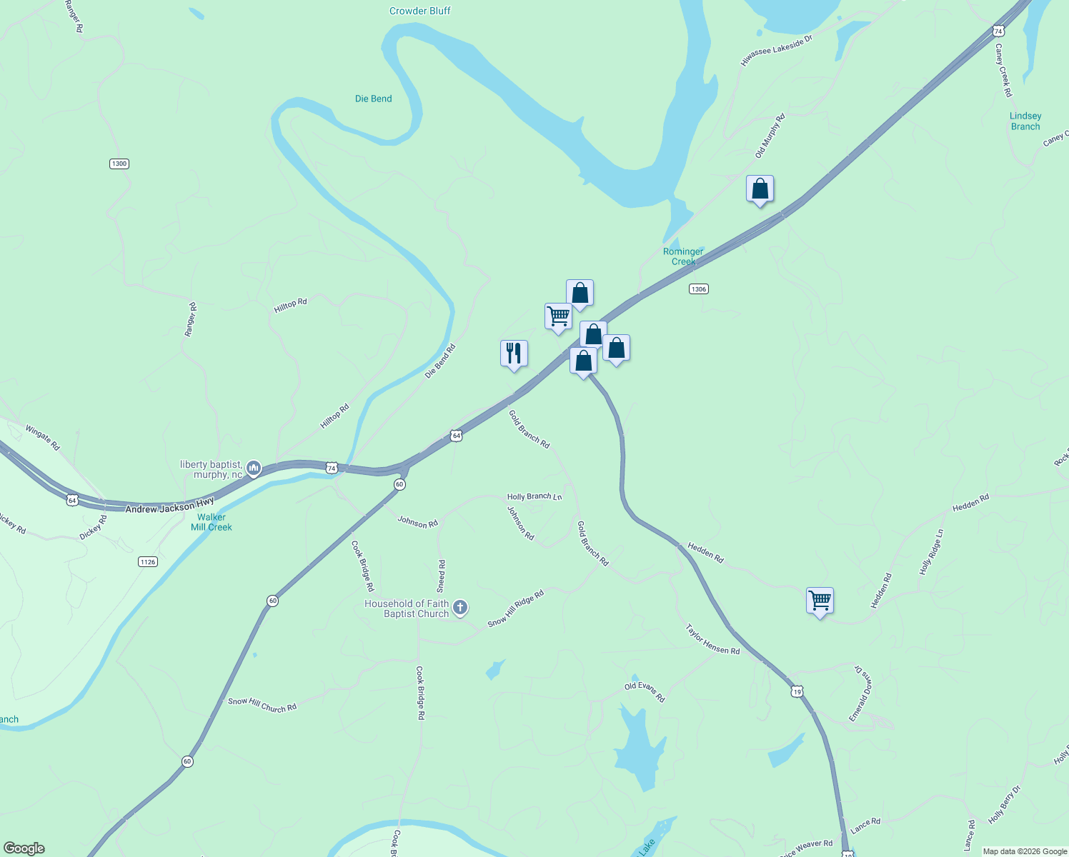 map of restaurants, bars, coffee shops, grocery stores, and more near 125 Gold Branch Road in Murphy