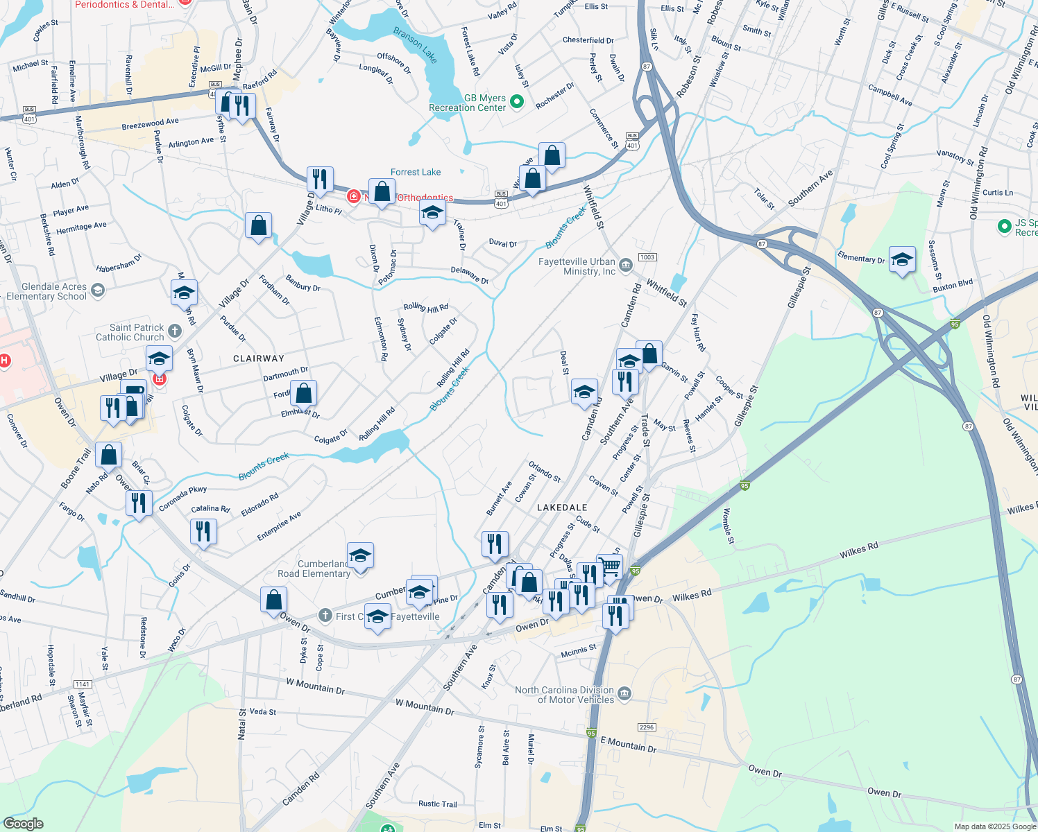 map of restaurants, bars, coffee shops, grocery stores, and more near 765 Fair Street in Fayetteville