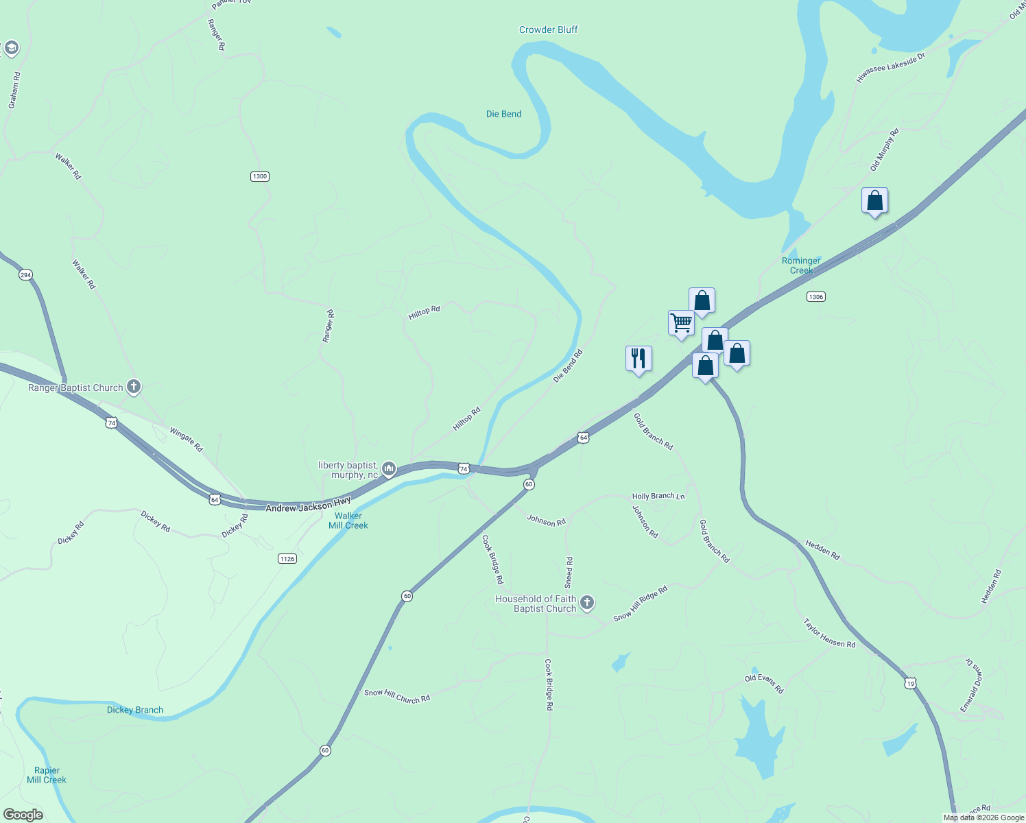 map of restaurants, bars, coffee shops, grocery stores, and more near 1365 Hilltop Road in Murphy