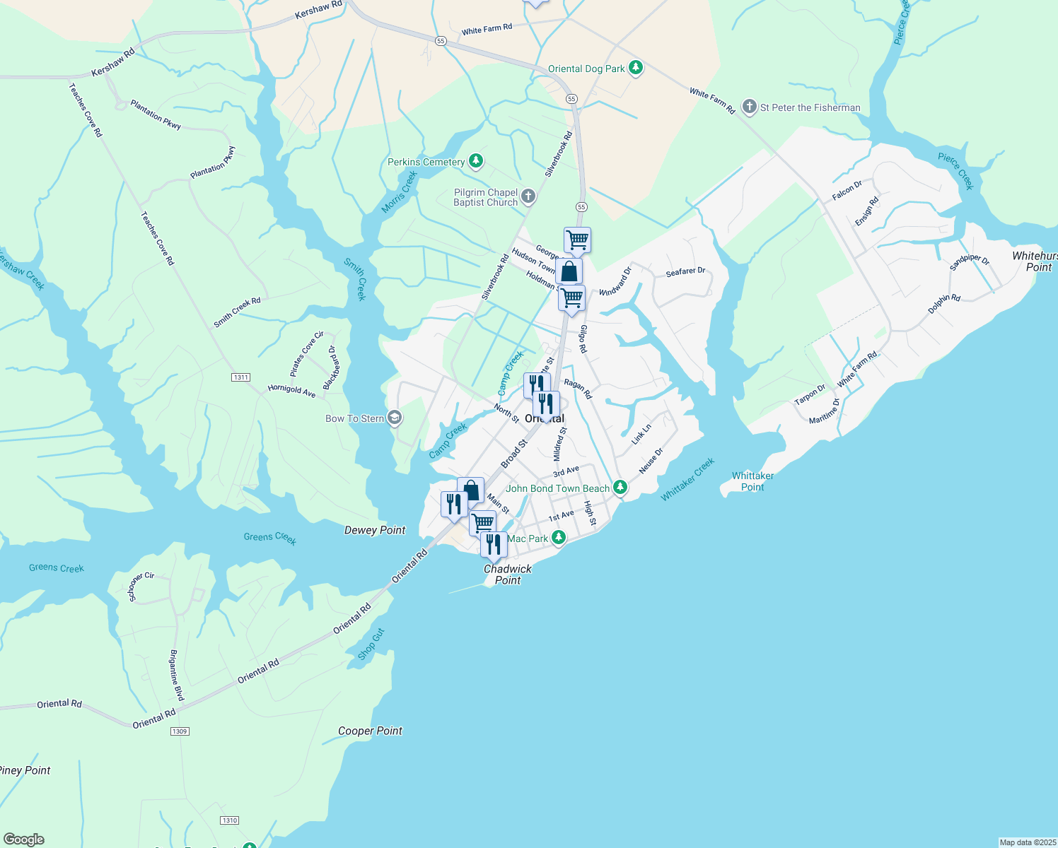 map of restaurants, bars, coffee shops, grocery stores, and more near 502 North Street in Oriental