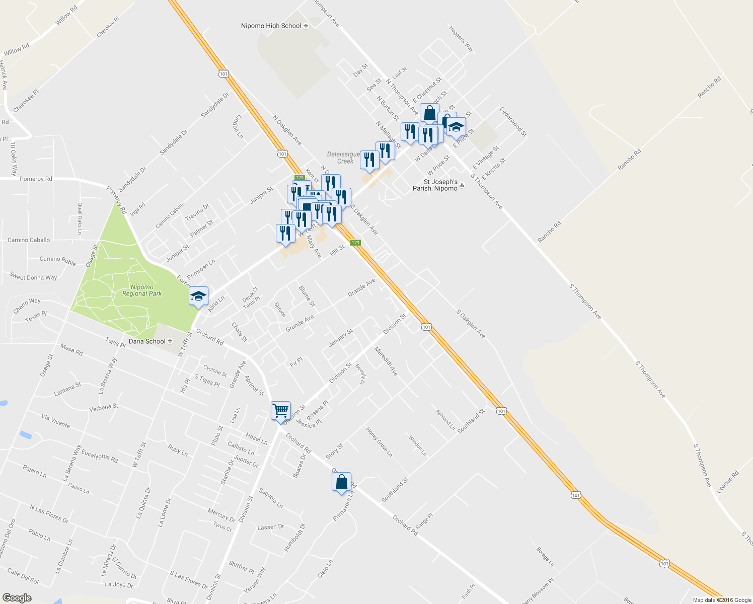 map of restaurants, bars, coffee shops, grocery stores, and more near 386 Avenida De Amigos in Nipomo