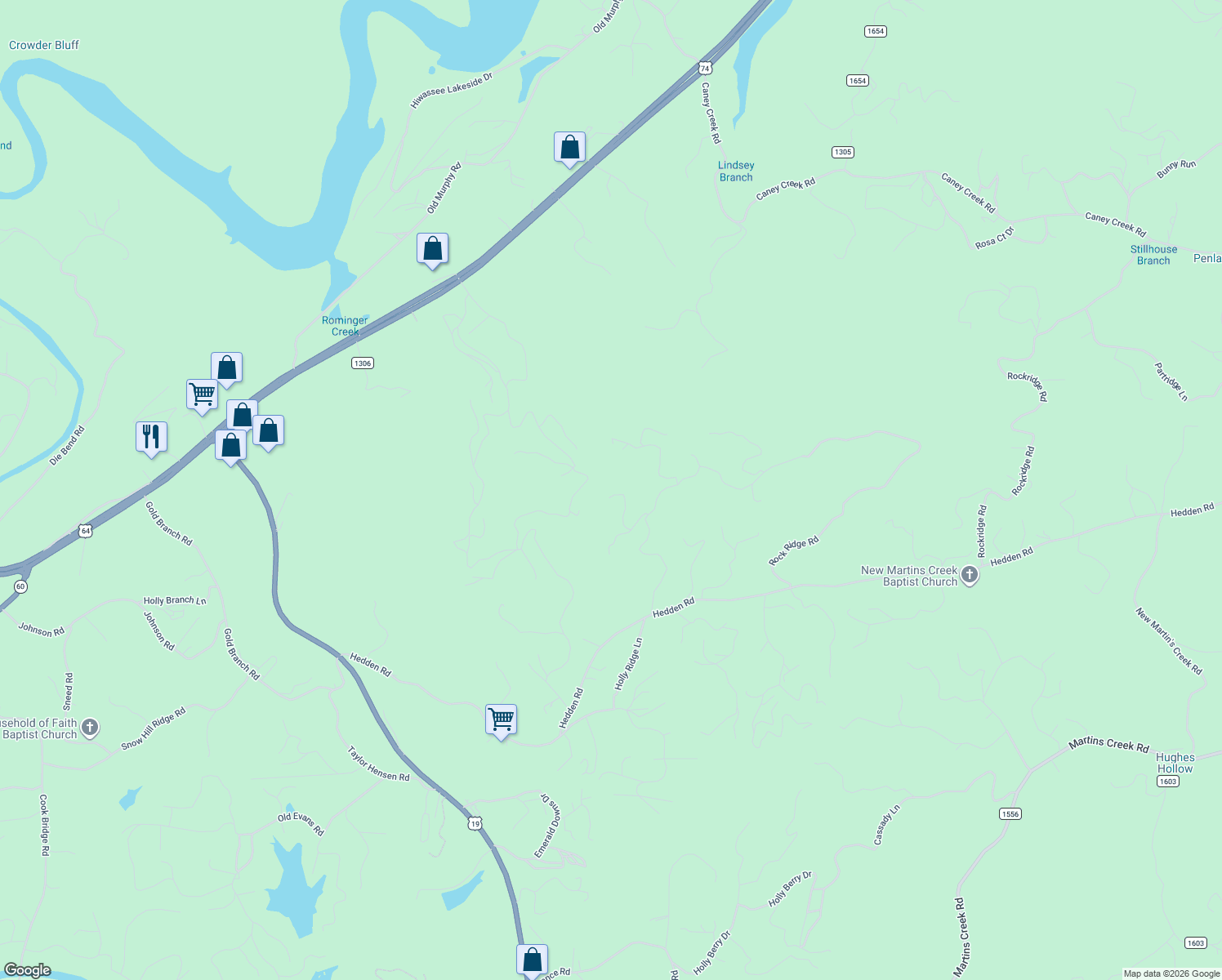 map of restaurants, bars, coffee shops, grocery stores, and more near 160 Boulder Mountain Drive in Murphy