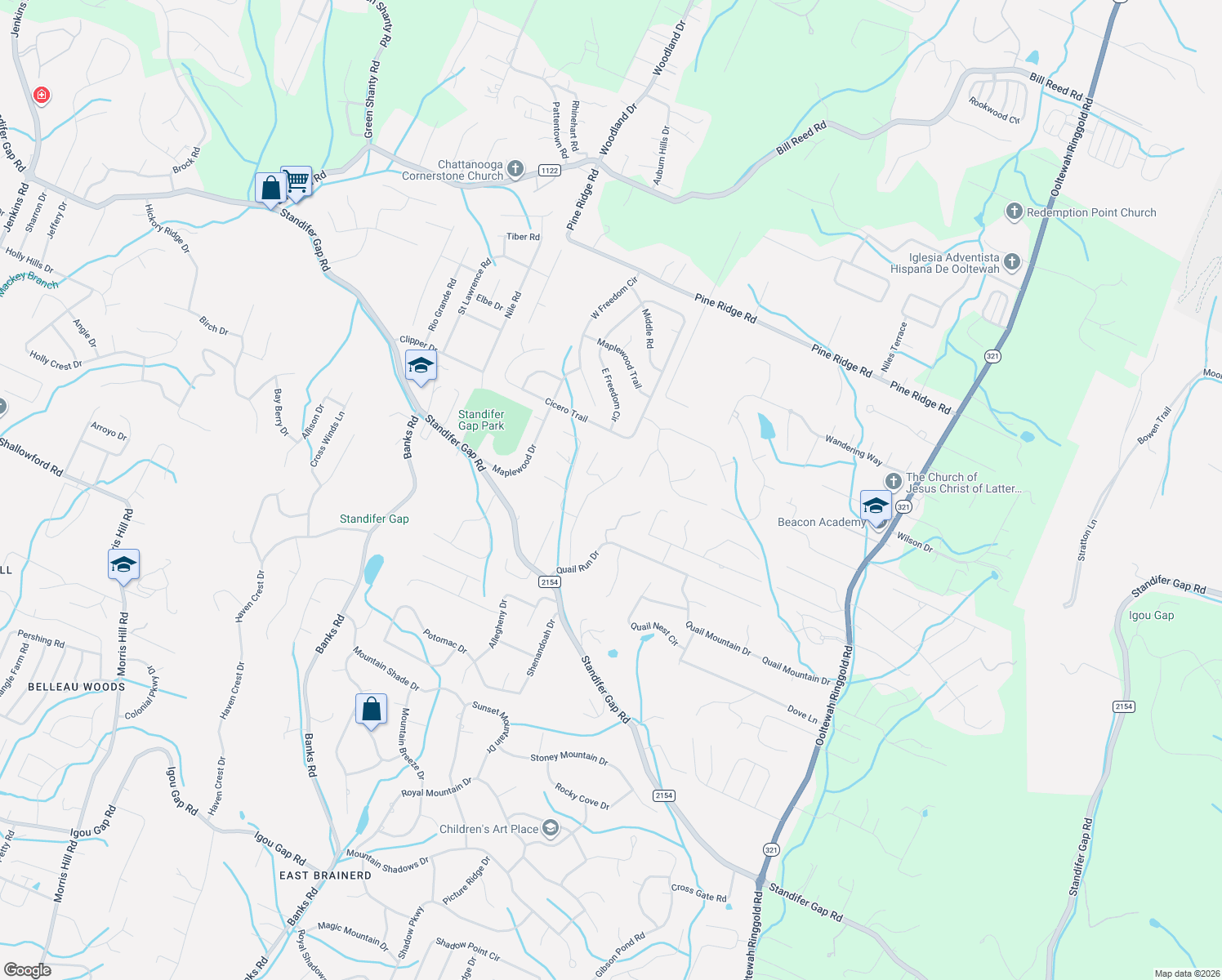 map of restaurants, bars, coffee shops, grocery stores, and more near 2524 Woodthrush Drive in Chattanooga