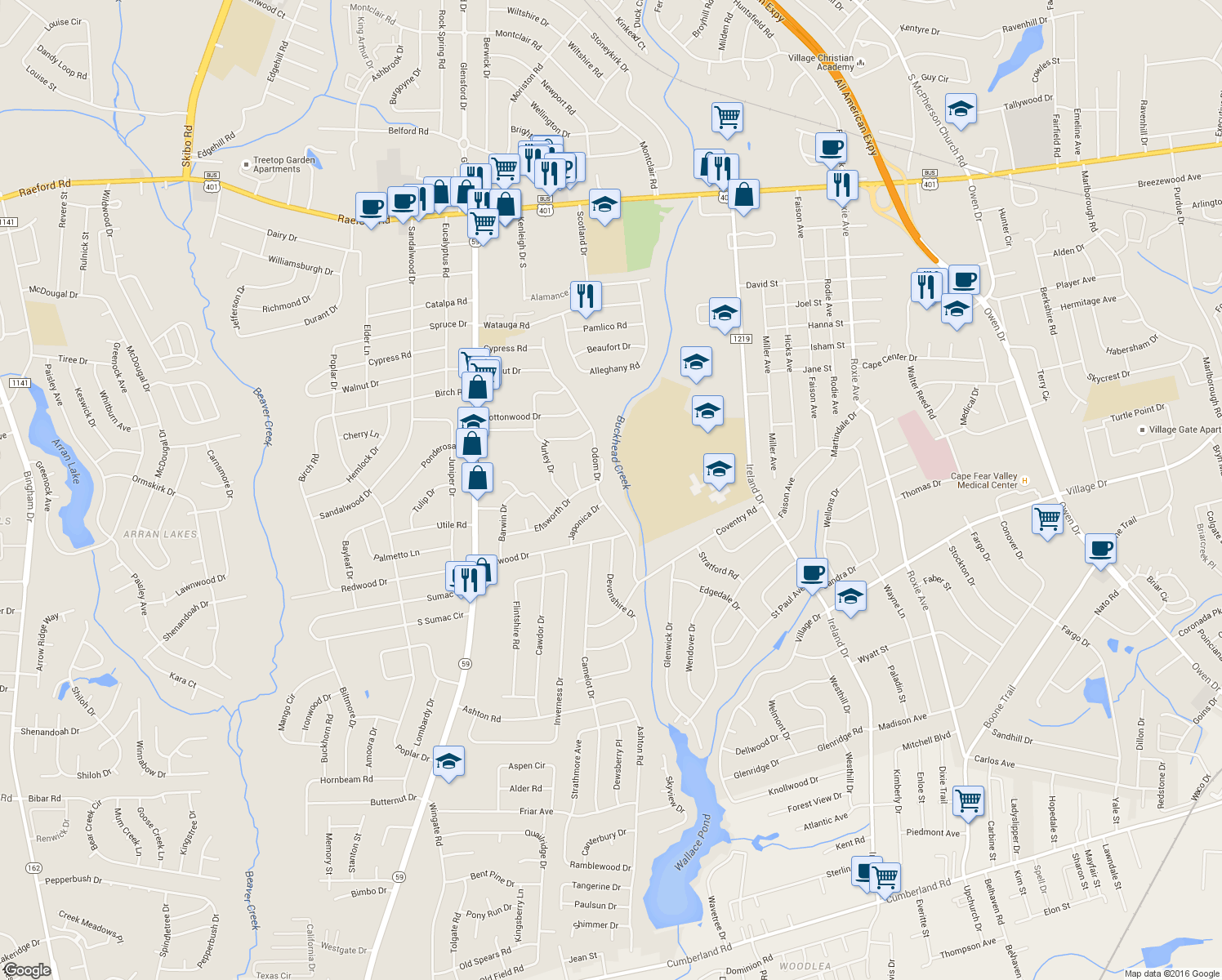map of restaurants, bars, coffee shops, grocery stores, and more near 1019 Odom Drive in Fayetteville