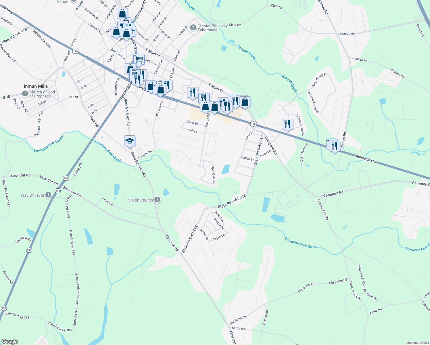 map of restaurants, bars, coffee shops, grocery stores, and more near 369 Split Oak Lane in Inman