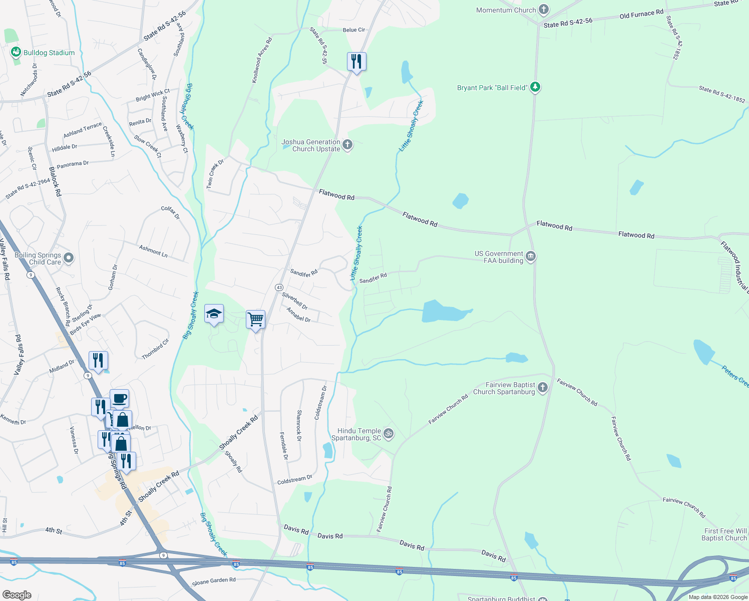 map of restaurants, bars, coffee shops, grocery stores, and more near 617 Slippery Moss Dr in Spartanburg