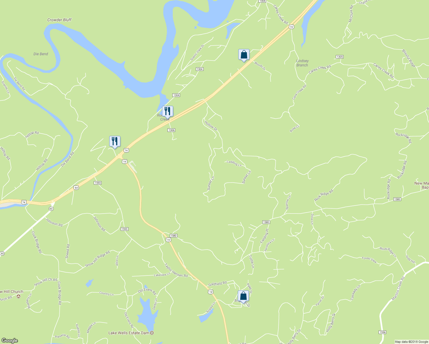 map of restaurants, bars, coffee shops, grocery stores, and more near 976 Sunset Lane in Murphy