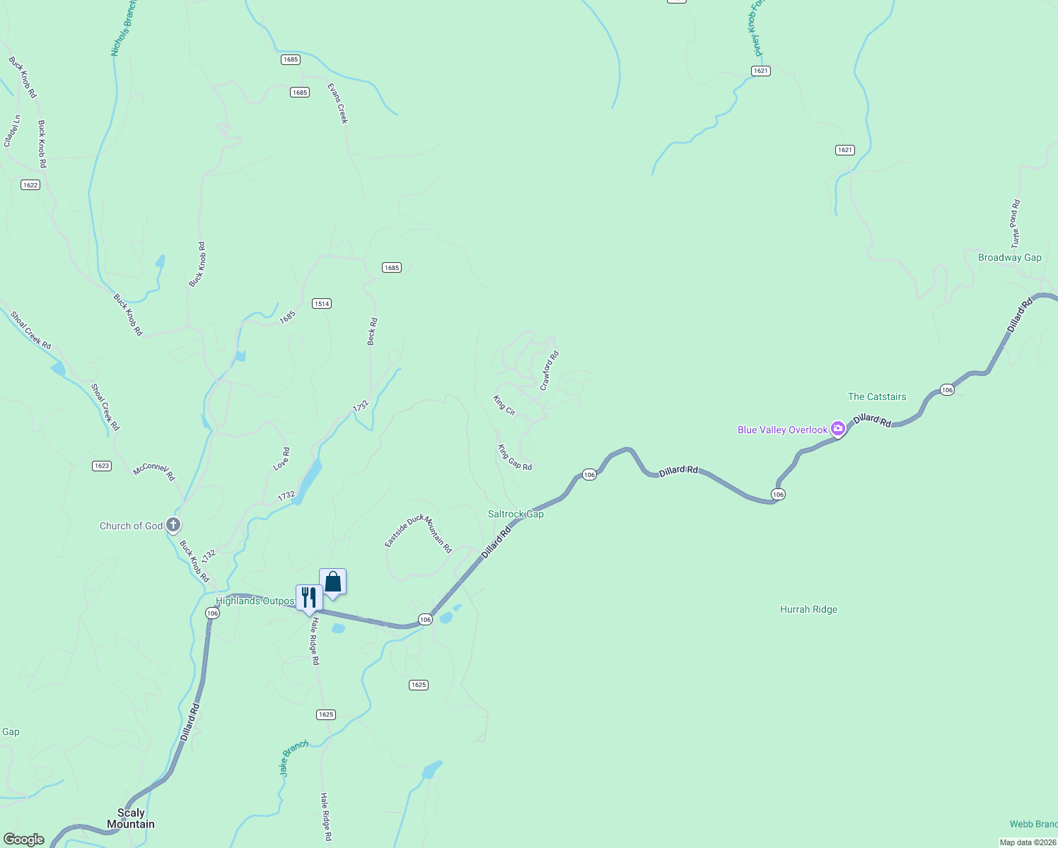 map of restaurants, bars, coffee shops, grocery stores, and more near 28 King Gap Road in Highlands