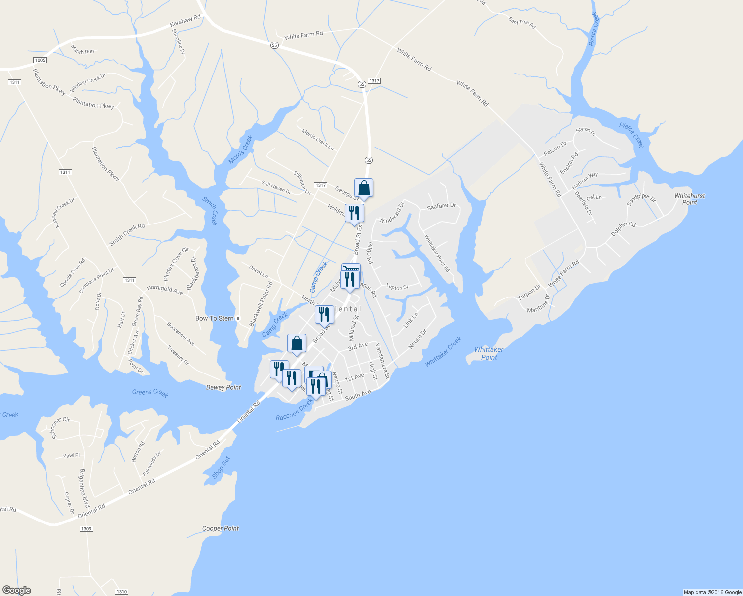 map of restaurants, bars, coffee shops, grocery stores, and more near 511 Ragan Road in Oriental