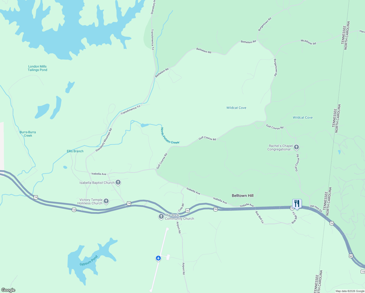 map of restaurants, bars, coffee shops, grocery stores, and more near 257 Golf Course Road in Copperhill