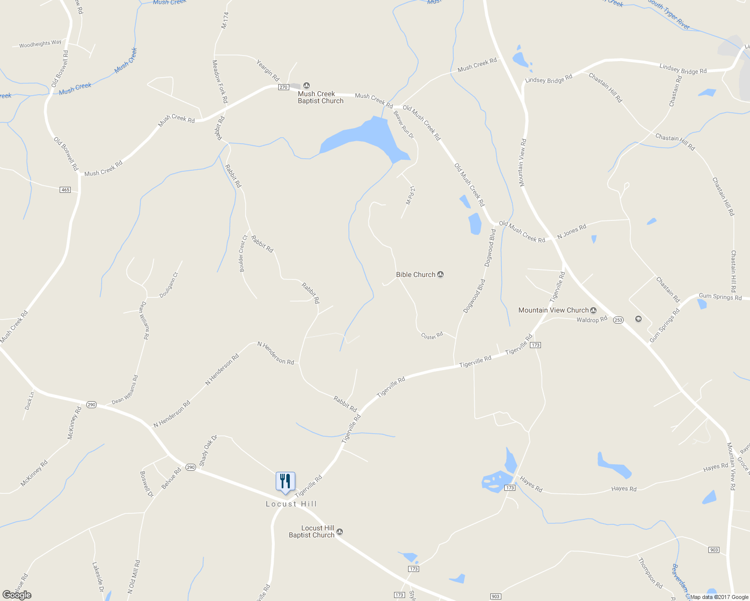 map of restaurants, bars, coffee shops, grocery stores, and more near 121 Coster Road in Travelers Rest