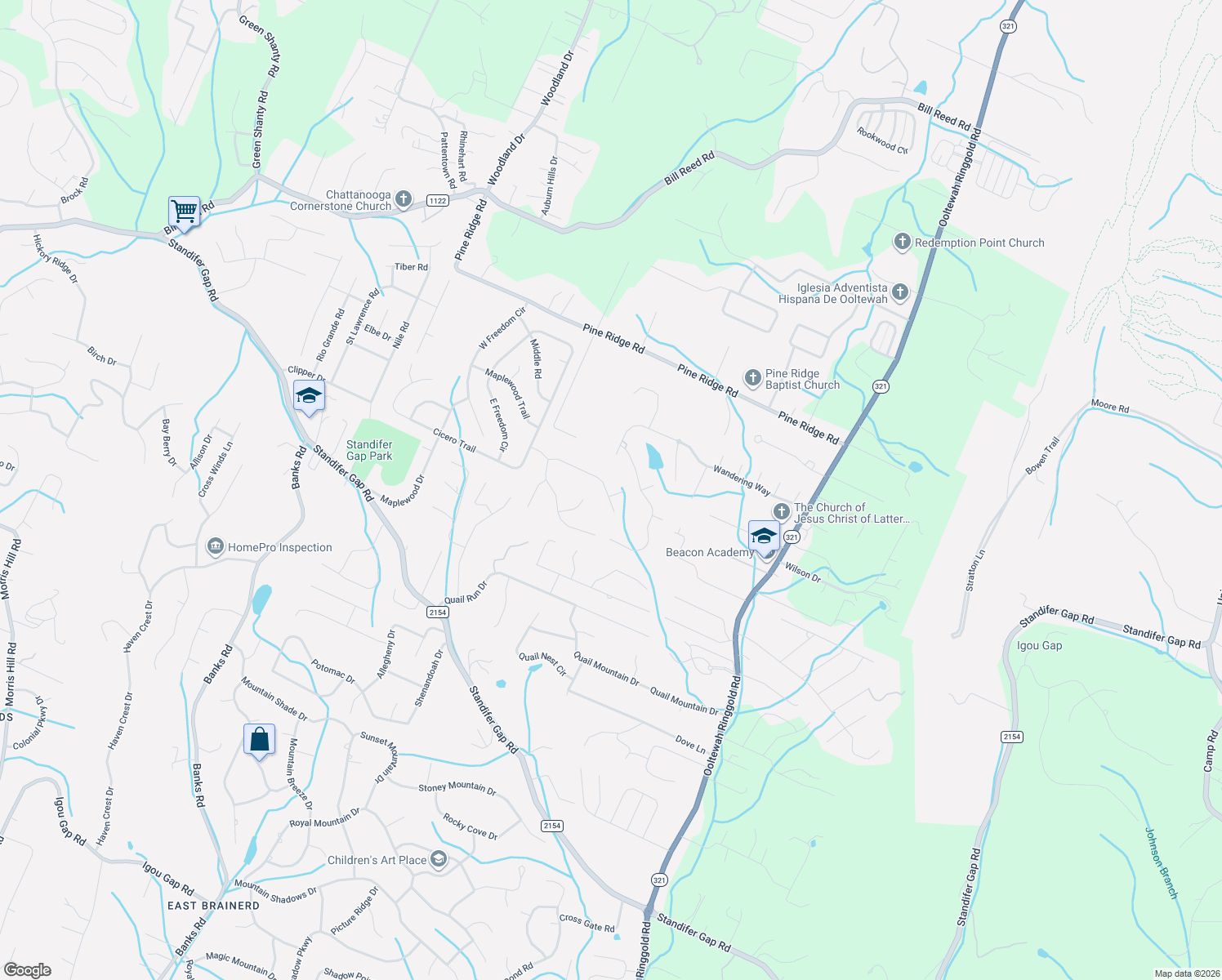 map of restaurants, bars, coffee shops, grocery stores, and more near 9325 Wyndover Drive in Ooltewah