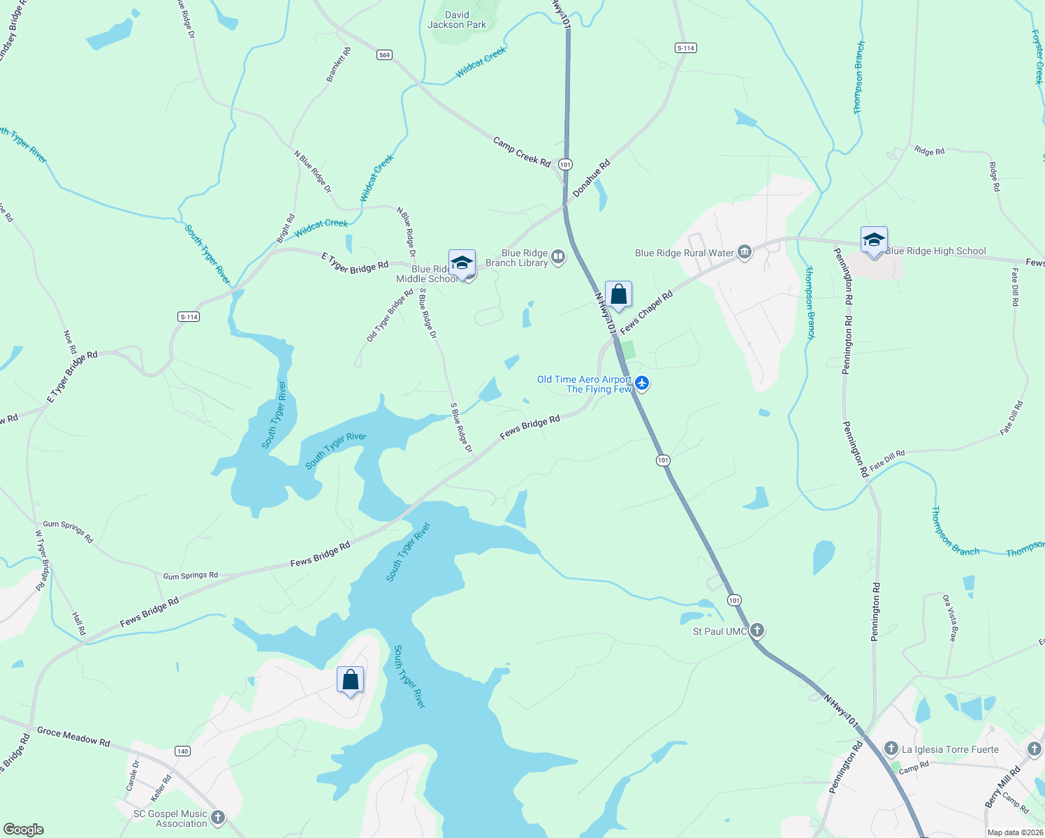 map of restaurants, bars, coffee shops, grocery stores, and more near 2452 Fews Bridge Road in Greer