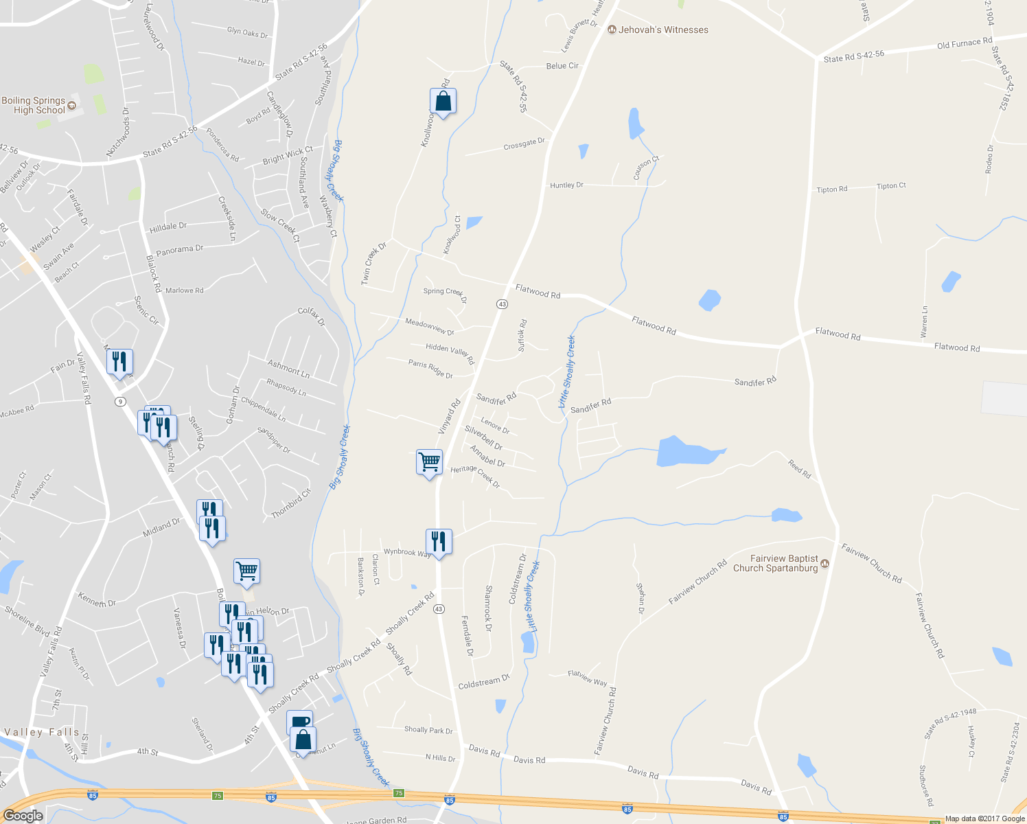 map of restaurants, bars, coffee shops, grocery stores, and more near 818 Thistle Court in Boiling Springs