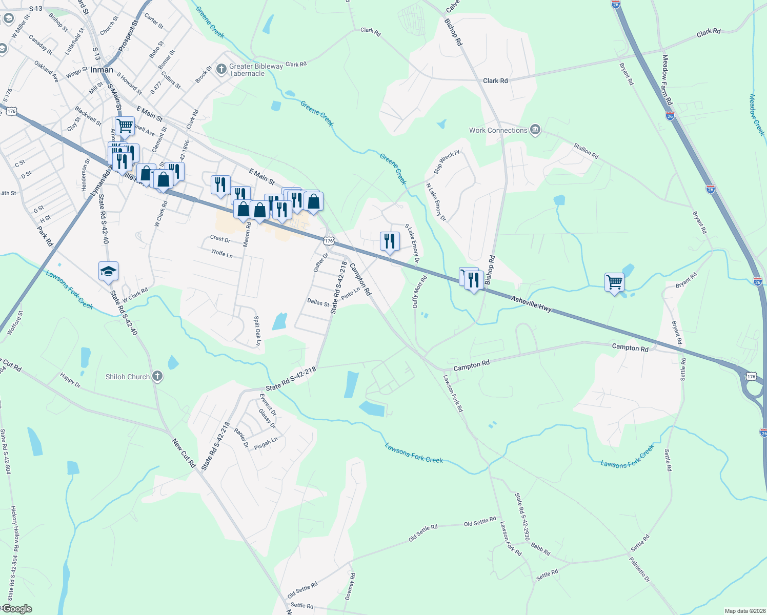 map of restaurants, bars, coffee shops, grocery stores, and more near 1281 Campton Road in Inman