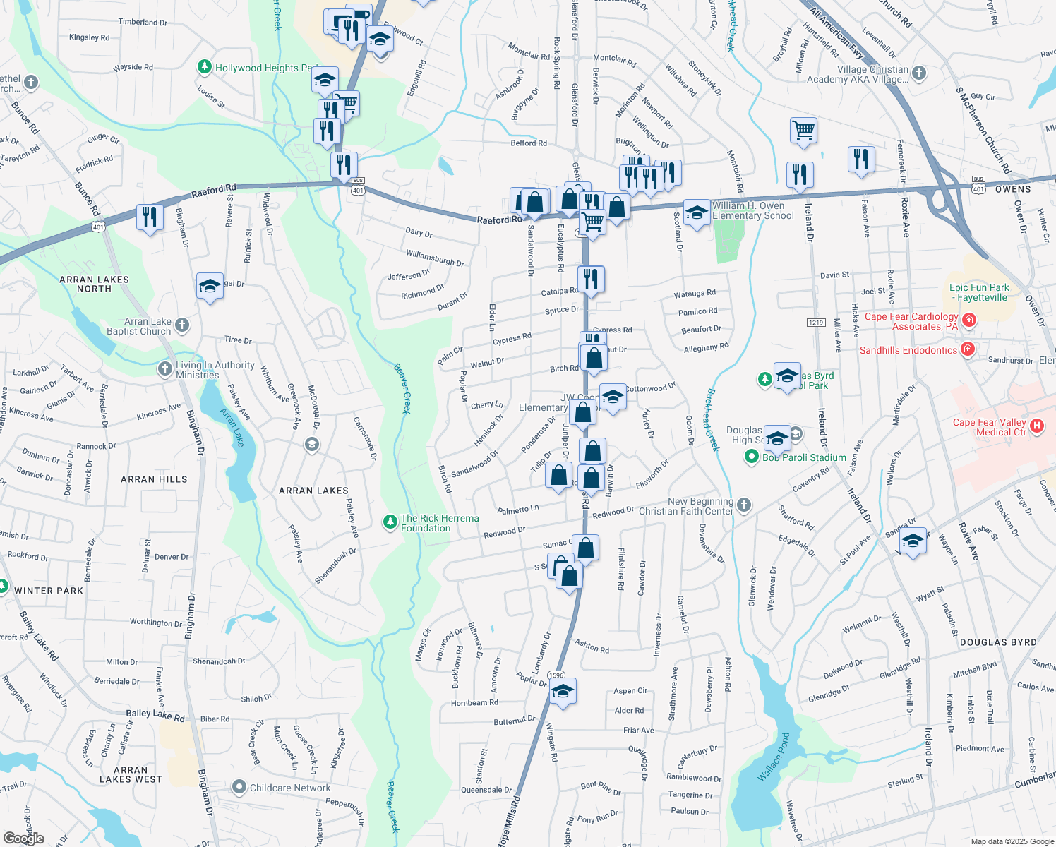 map of restaurants, bars, coffee shops, grocery stores, and more near 901 Sandalwood Drive in Fayetteville