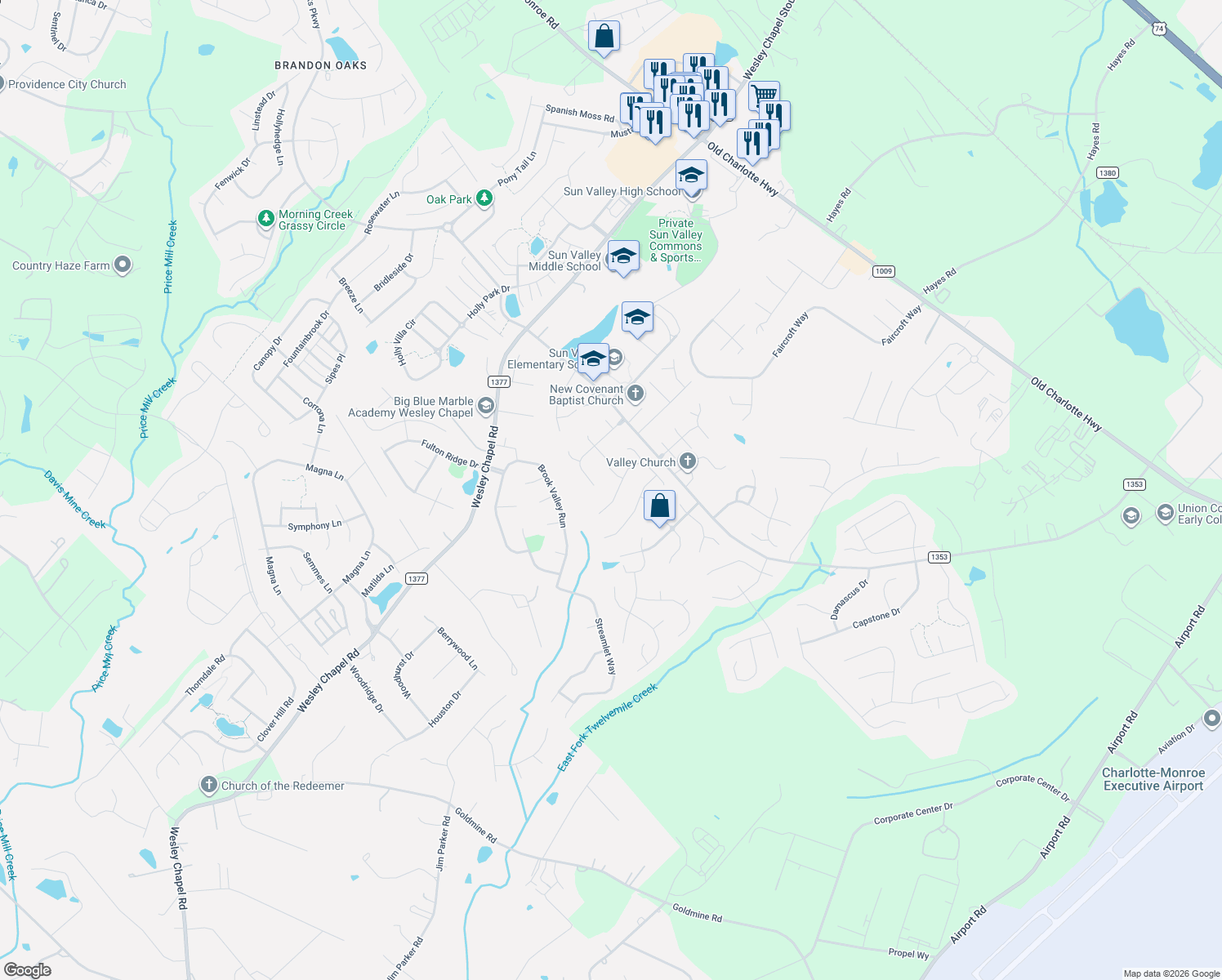 map of restaurants, bars, coffee shops, grocery stores, and more near 2013 Planters Knoll Lane in Monroe