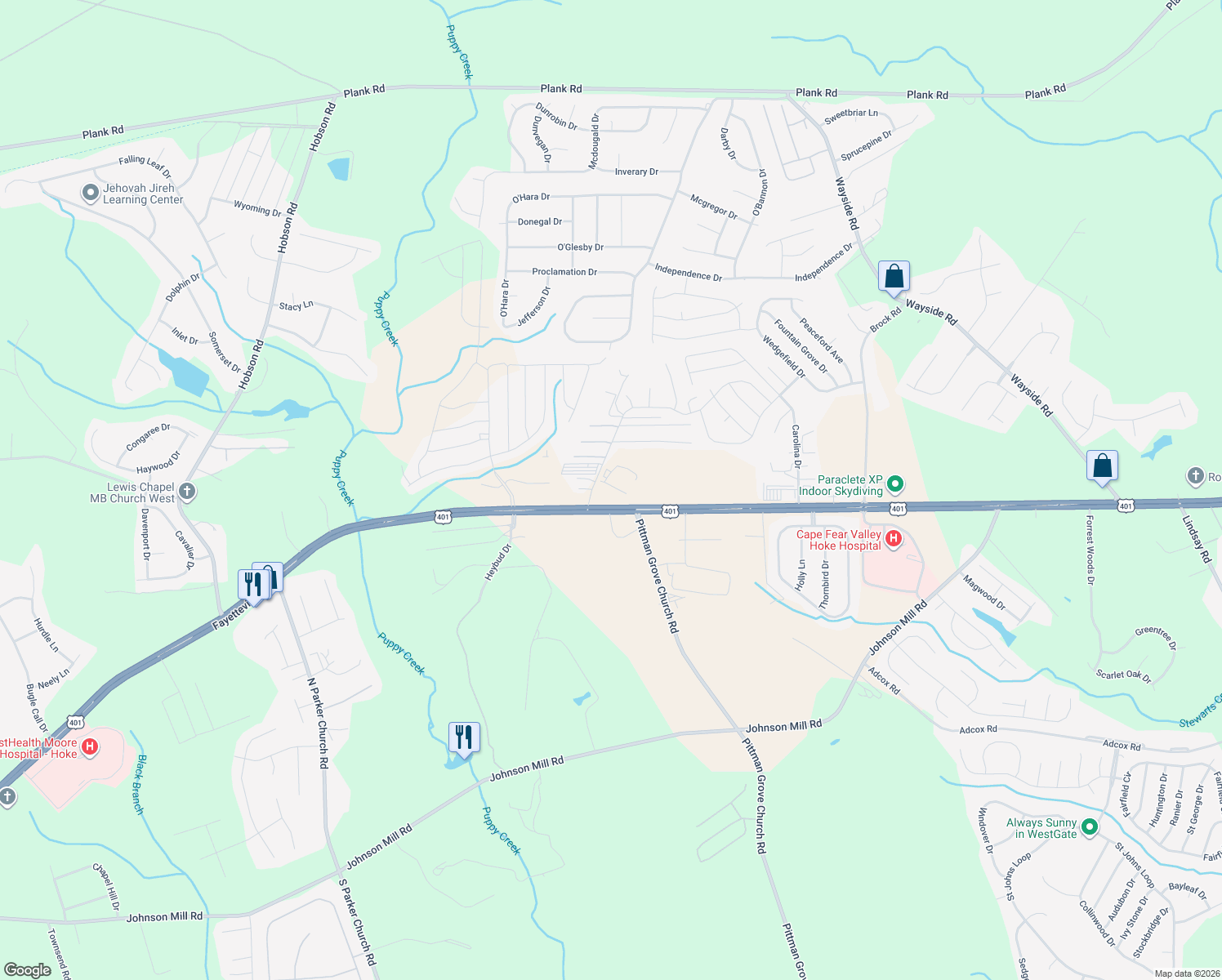 map of restaurants, bars, coffee shops, grocery stores, and more near 104 Midway Drive in Raeford