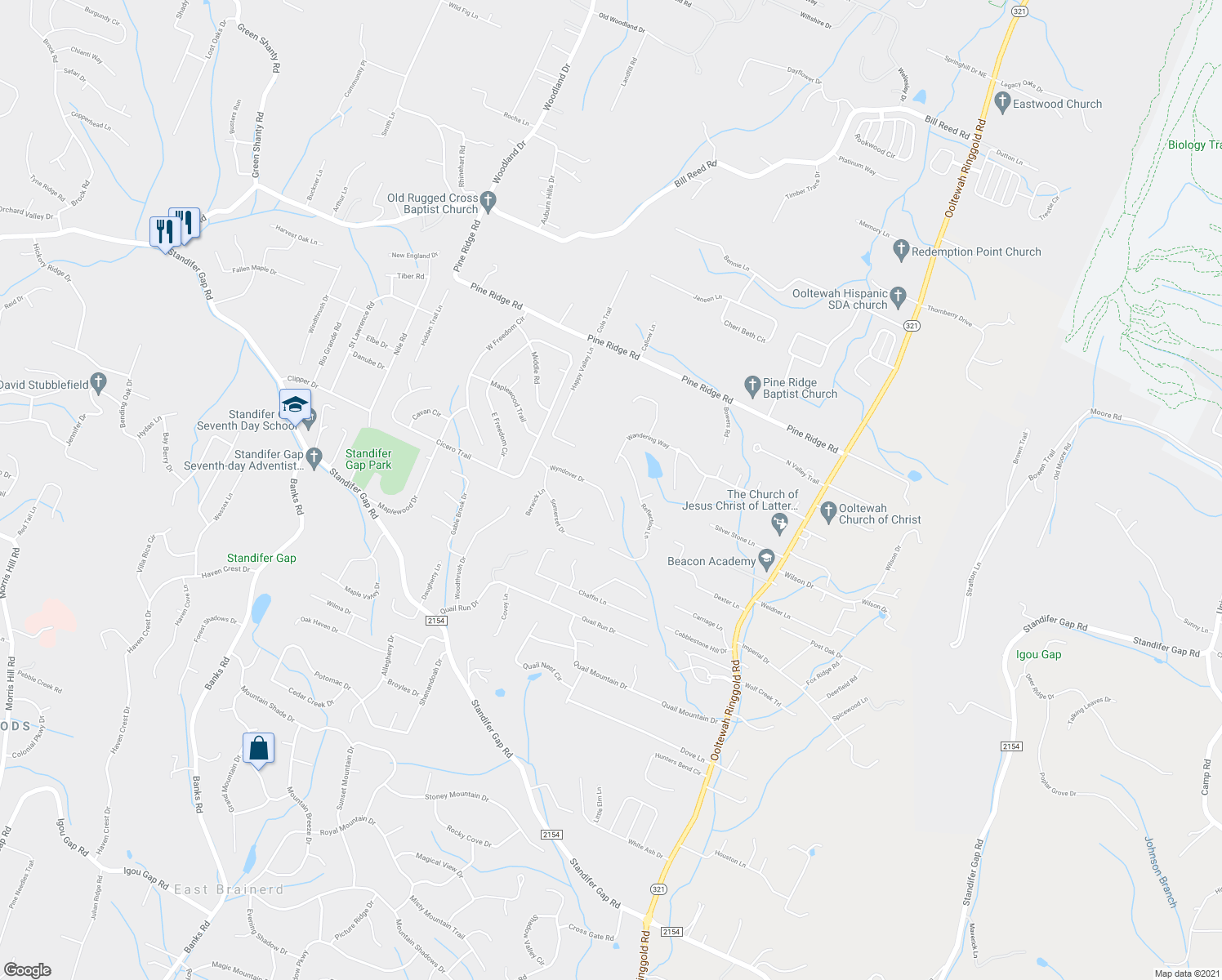 map of restaurants, bars, coffee shops, grocery stores, and more near 9325 Wyndover Drive in Ooltewah