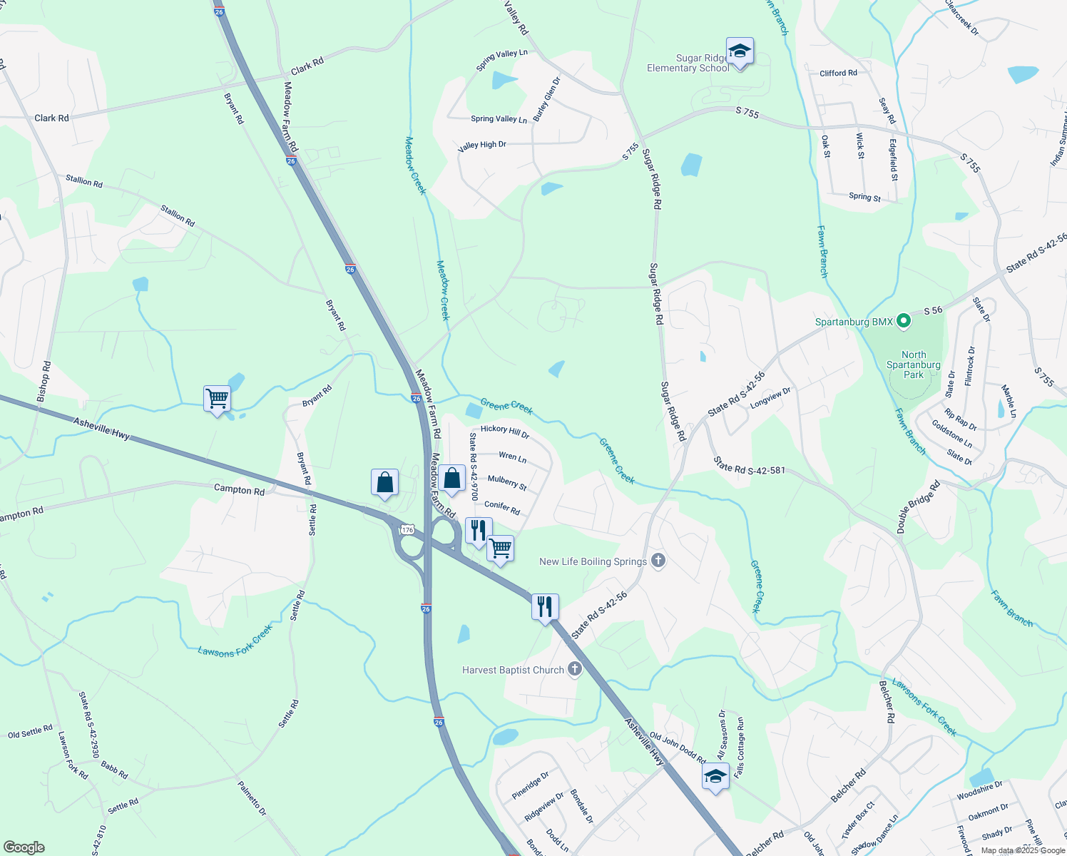 map of restaurants, bars, coffee shops, grocery stores, and more near 140 Hickory Hill Dr in Inman
