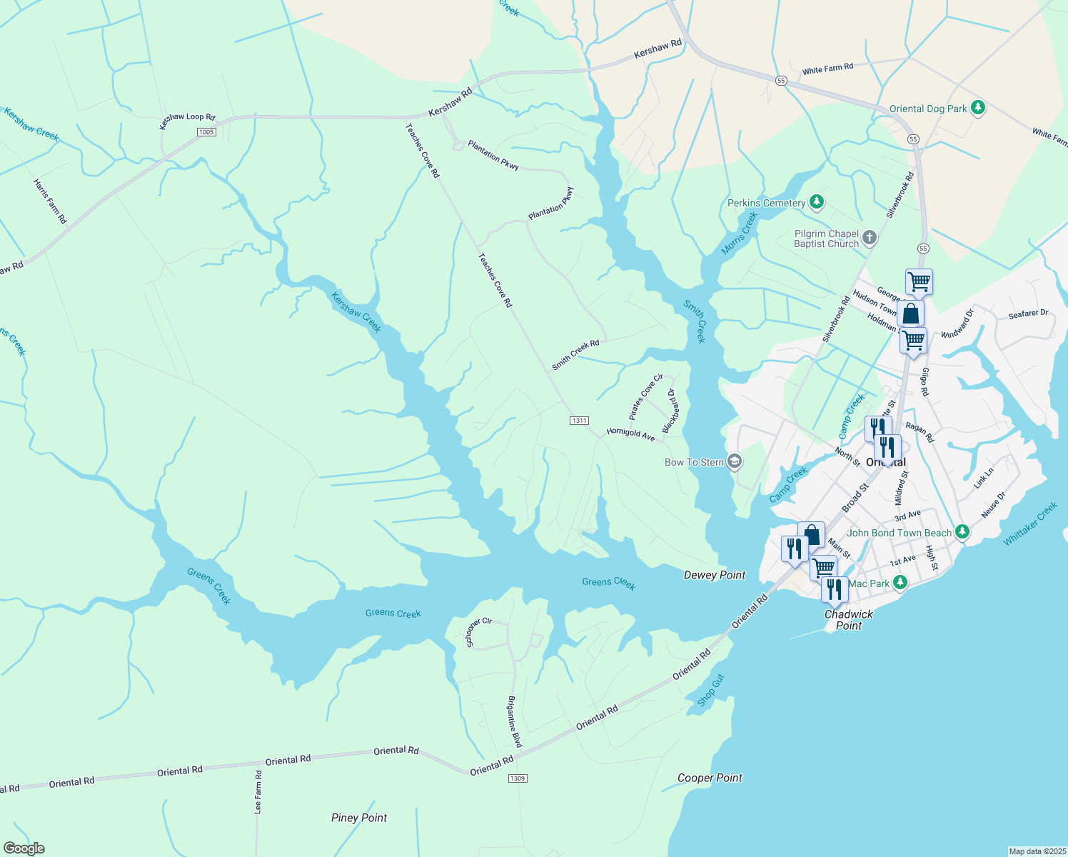 map of restaurants, bars, coffee shops, grocery stores, and more near 9314 Doris Dr in Oriental